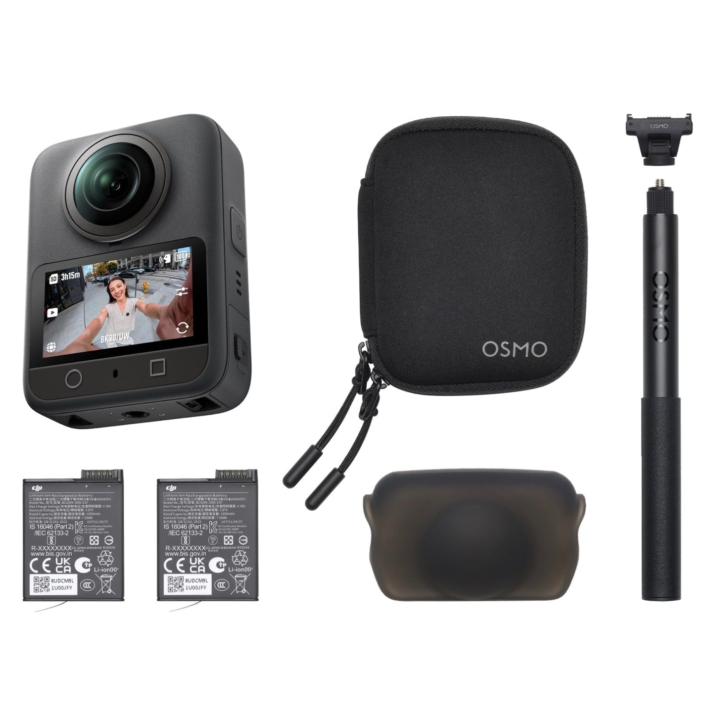 DJI Osmo 360 Essential Combo, 360 camera with 1-inch 360° recordings, native 8K 360° video, 1.2m invisible selfie stick kit, extended battery life with 2 batteries - OQ001