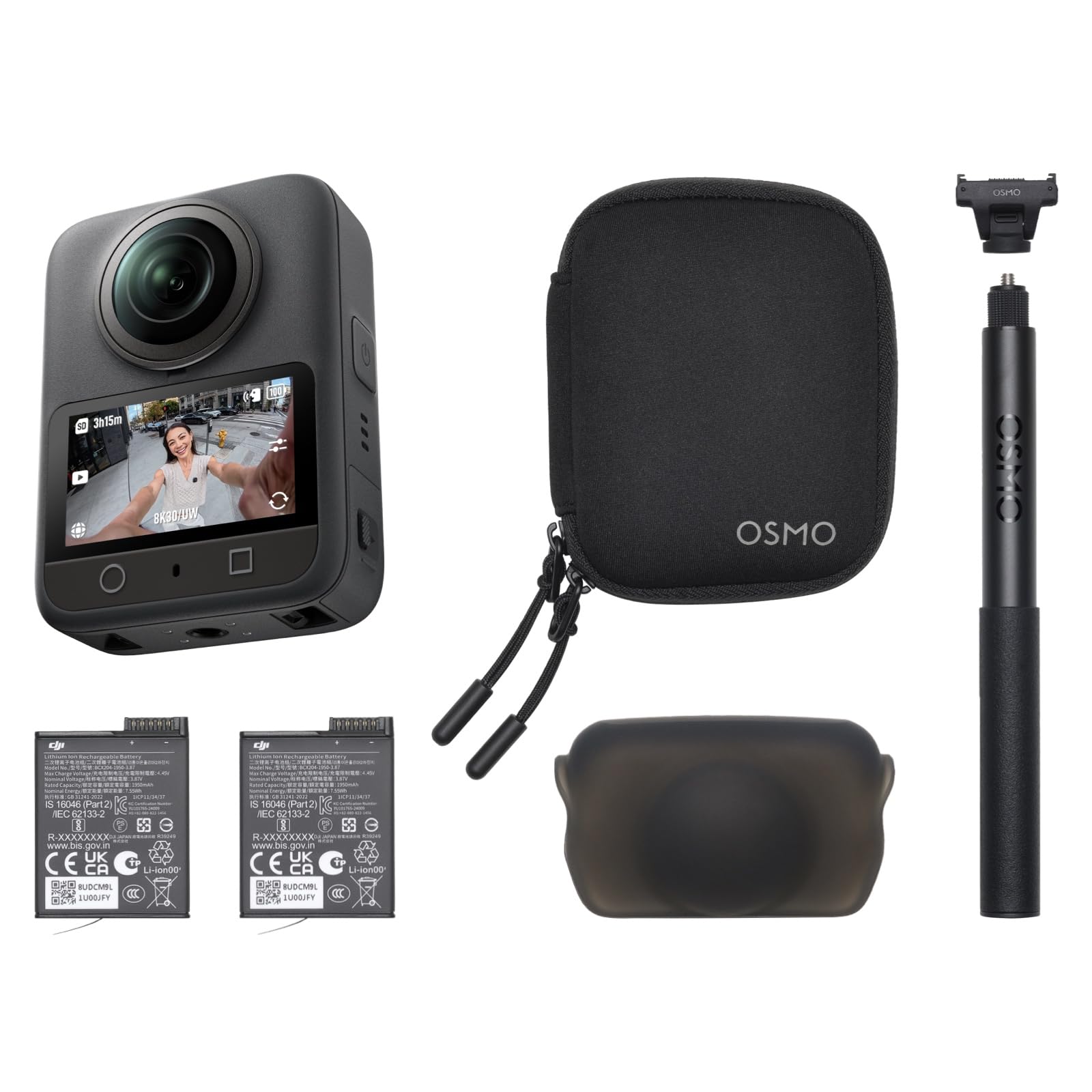 DJI Osmo 360 Essential Combo, cameră 360 cu înregistrări 360° de 1 inch, video 8K 360° nativ, kit selfie stick invizibil de 1,2 m, autonomie extinsă a bateriei cu 2 baterii - OQ001