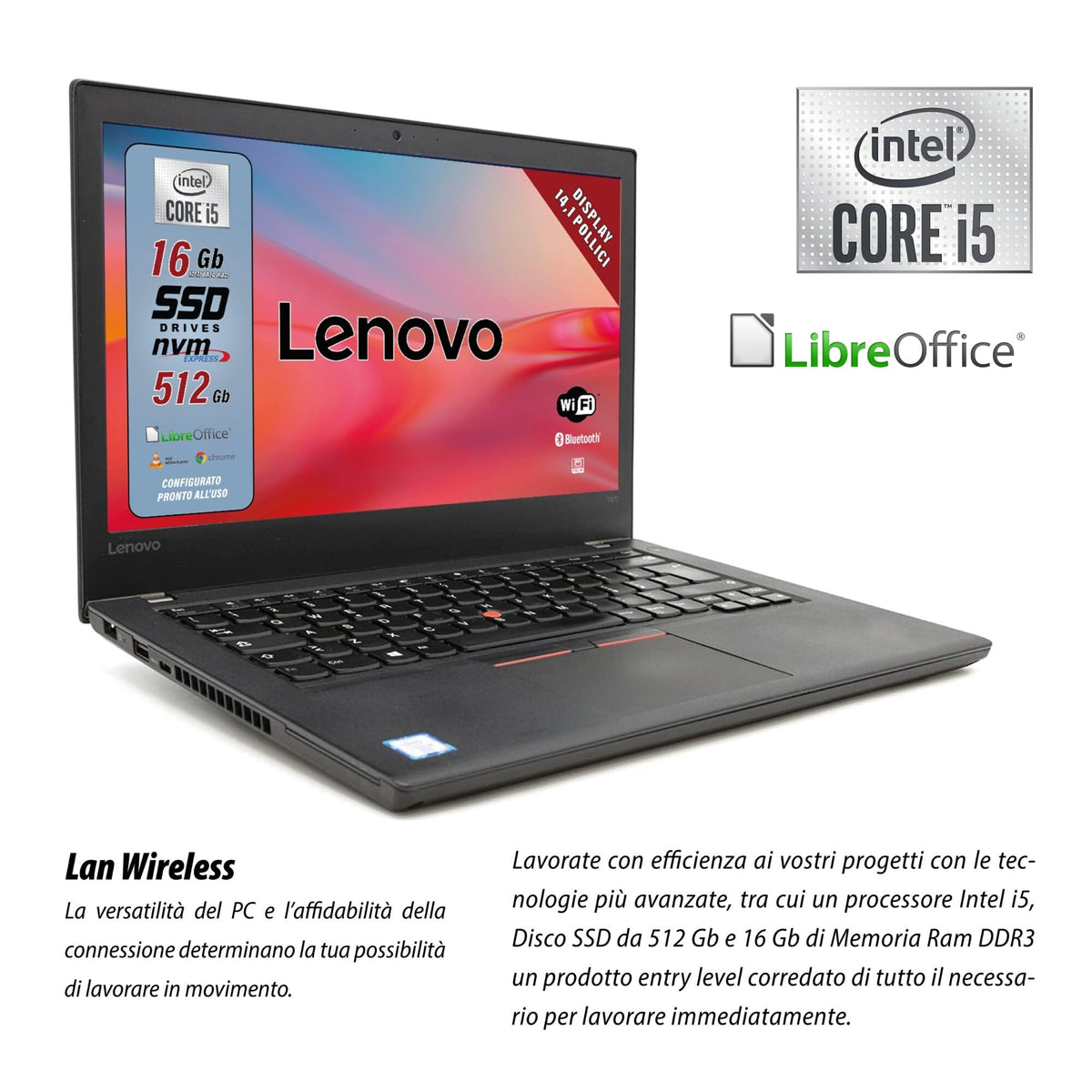 Lenovo, laptop Intel Core i5 gata de utilizare cu pachet Office 2021, notebook cu display HD de 14 inci, 16 GB RAM, 512 GB SSD, Win 11 Pro, garanție italiană (refurbished) - ThinkPad