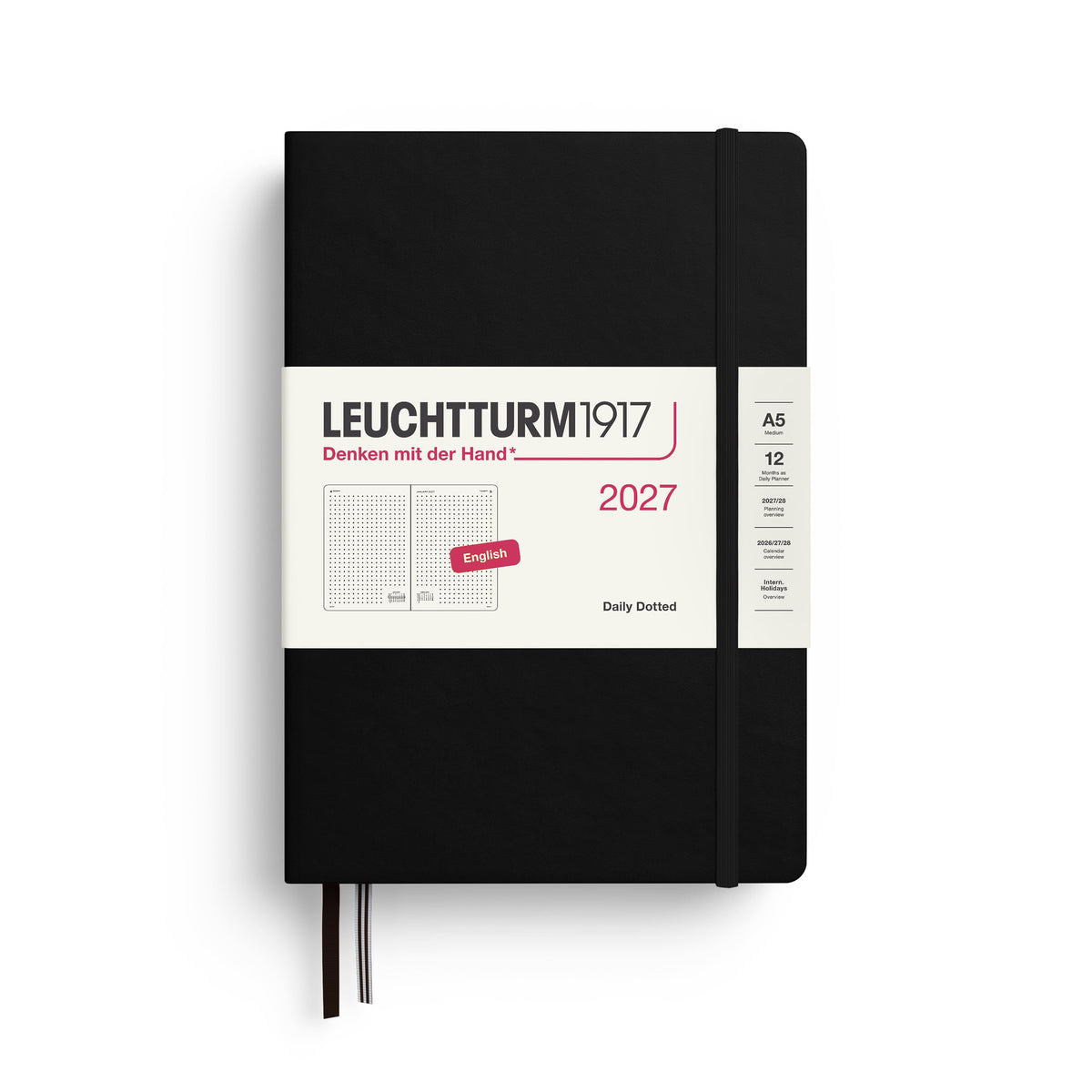 LEUCHTTURM1917 Daily Calendar 2027 Dotted Medium (A5) - English, Black, 145 x 210 mm, January-December (12 months), 1 page per day, hourly grid 7:00-22:00, hardcover, 80 g/m² paper - 400333