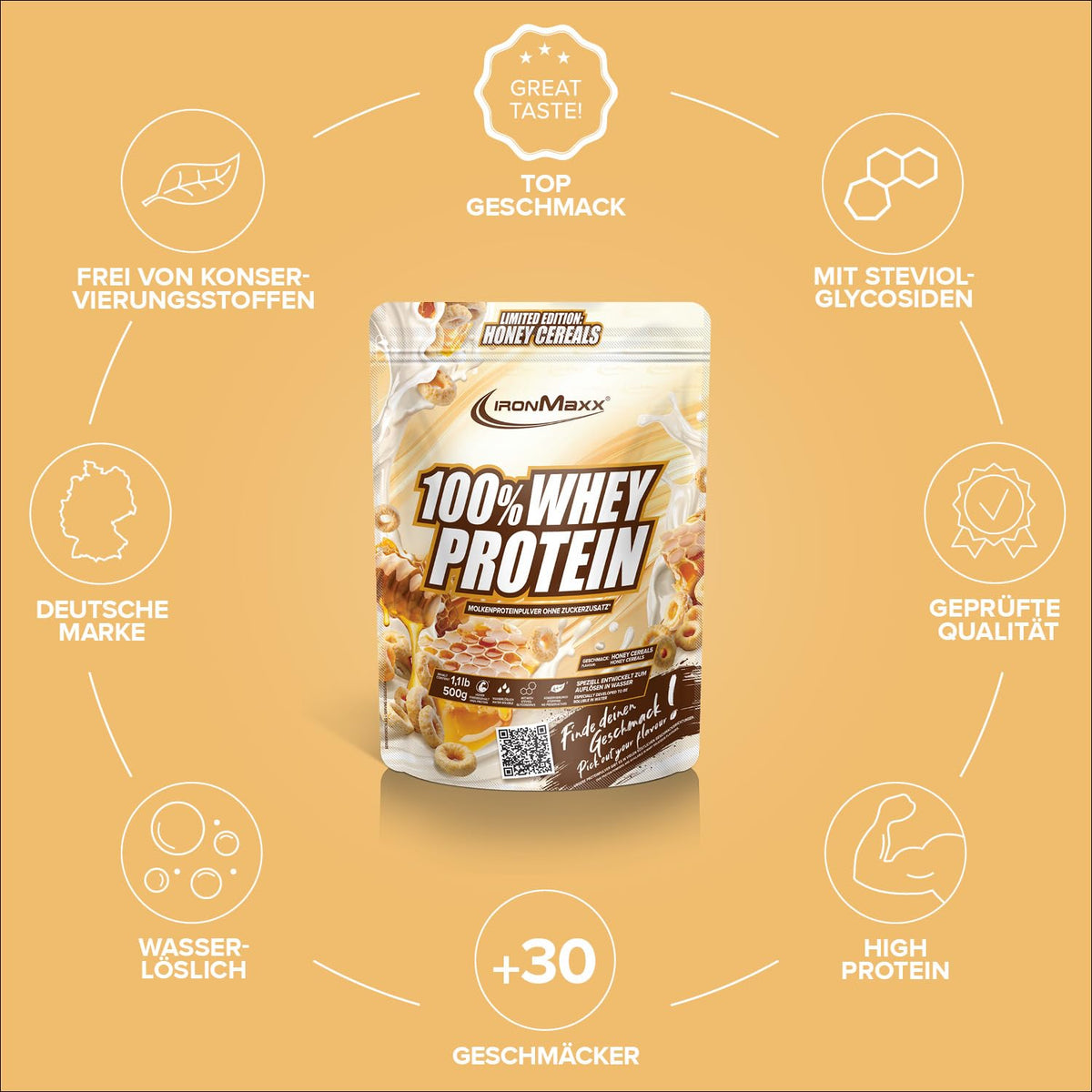 IronMaxx 100% Whey Protein Powder 500g - Honey Cereal | Creamy Protein Shake with BCAAs & EAAs | High Protein, Low Carb & Low Sugar | Ideal for Muscle Building, Diet & Fitness - 42924