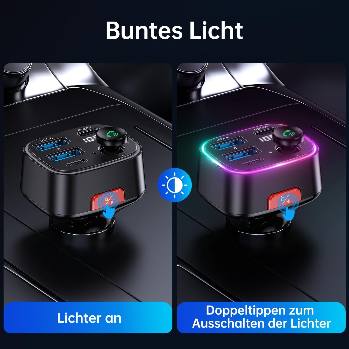 Syncwire FM Transmitter Car Bluetooth 5.4 48W (PD 36W & 12W) Bluetooth Adapter Car with [Light Switch] [HiFi Bass Sound] [Fast Charging] Hands-Free Car Charger Cigarette Lighter - SW-XC725