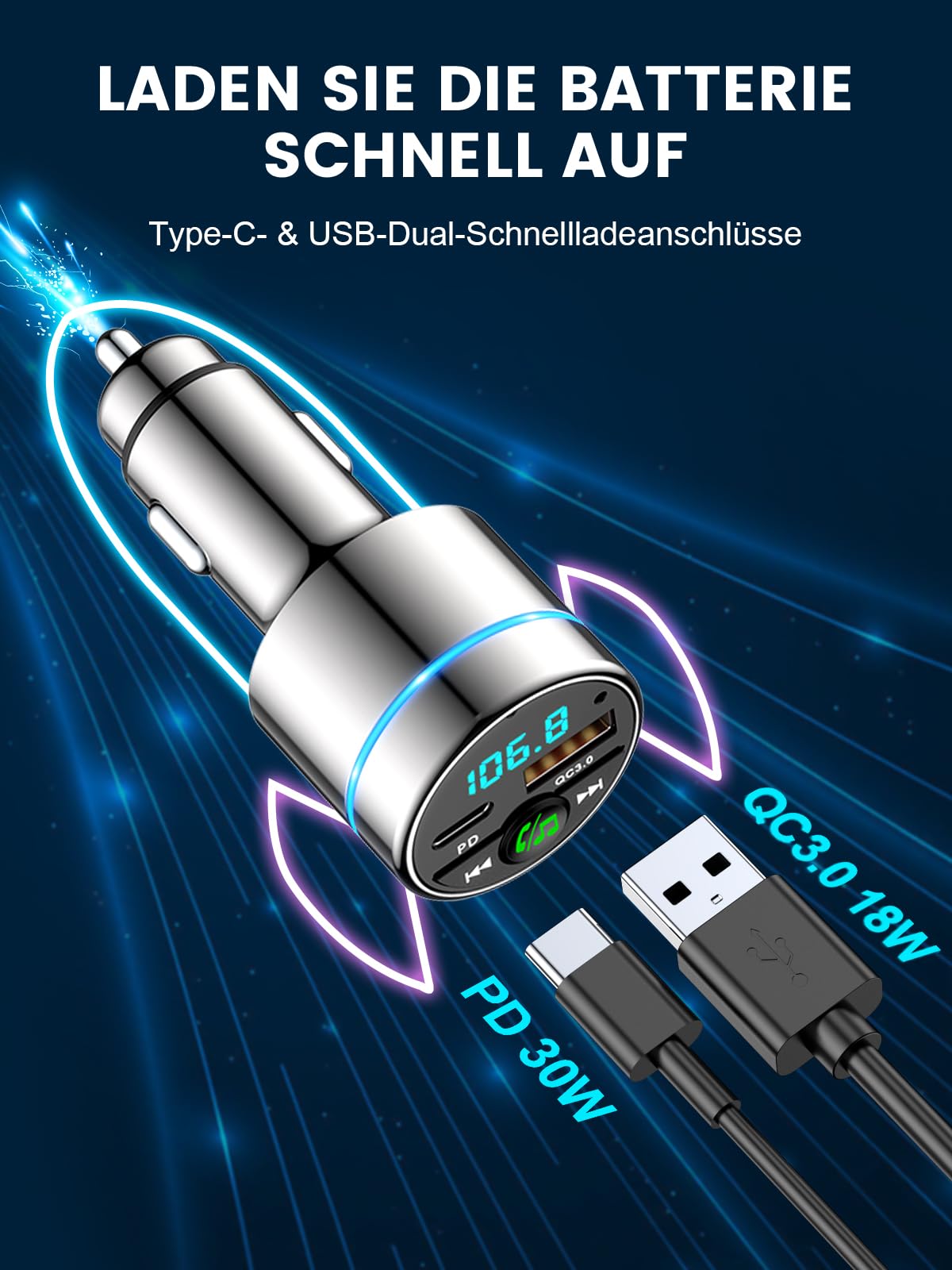 Mohard FM Transmitter Car Bluetooth 5.3, All-Metal PD 30W & QC3.0 18W Fast Car Charger Cigarette Lighter, Car Bluetooth Adapter Car Hands-Free System, Radio Frequency Transceiver, Ring Light - BC61