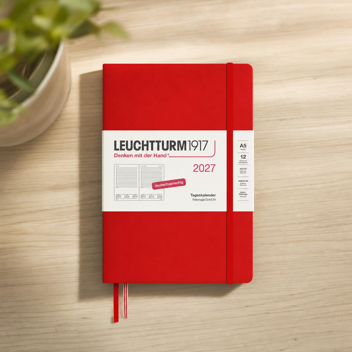 LEUCHTTURM1917 Daily Calendar 2027 Medium (A5) - German, Cherry, 145 x 210 mm, January-December (12 months), 1 page per day, hourly grid 7:00-22:00, hardcover, 80 g/m² paper - 400159