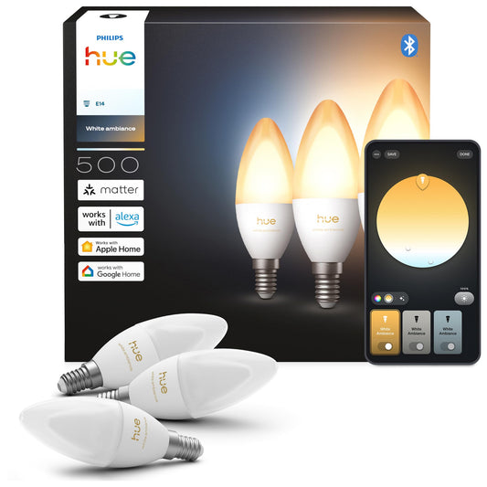 Philips Hue Smart LED Candle Light, B39, E14, 3-Pack, White Ambiance, Full Spectrum Light 1,000 K–20,000 K, 500 lm, Extremely Low Dimmable, Alexa, Google Home, Apple Home - 929004295604
