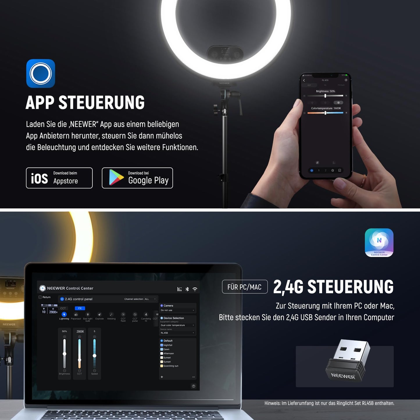 NEEWER 18" ring light set with edge lighting, 45W 3300Lux 2900K-7000K 12 scenes ring light with APP 2.4G PC Mac control, remote control, tripod bag for make-up, TikTok, Ins, live stream, RL45B - 10103370