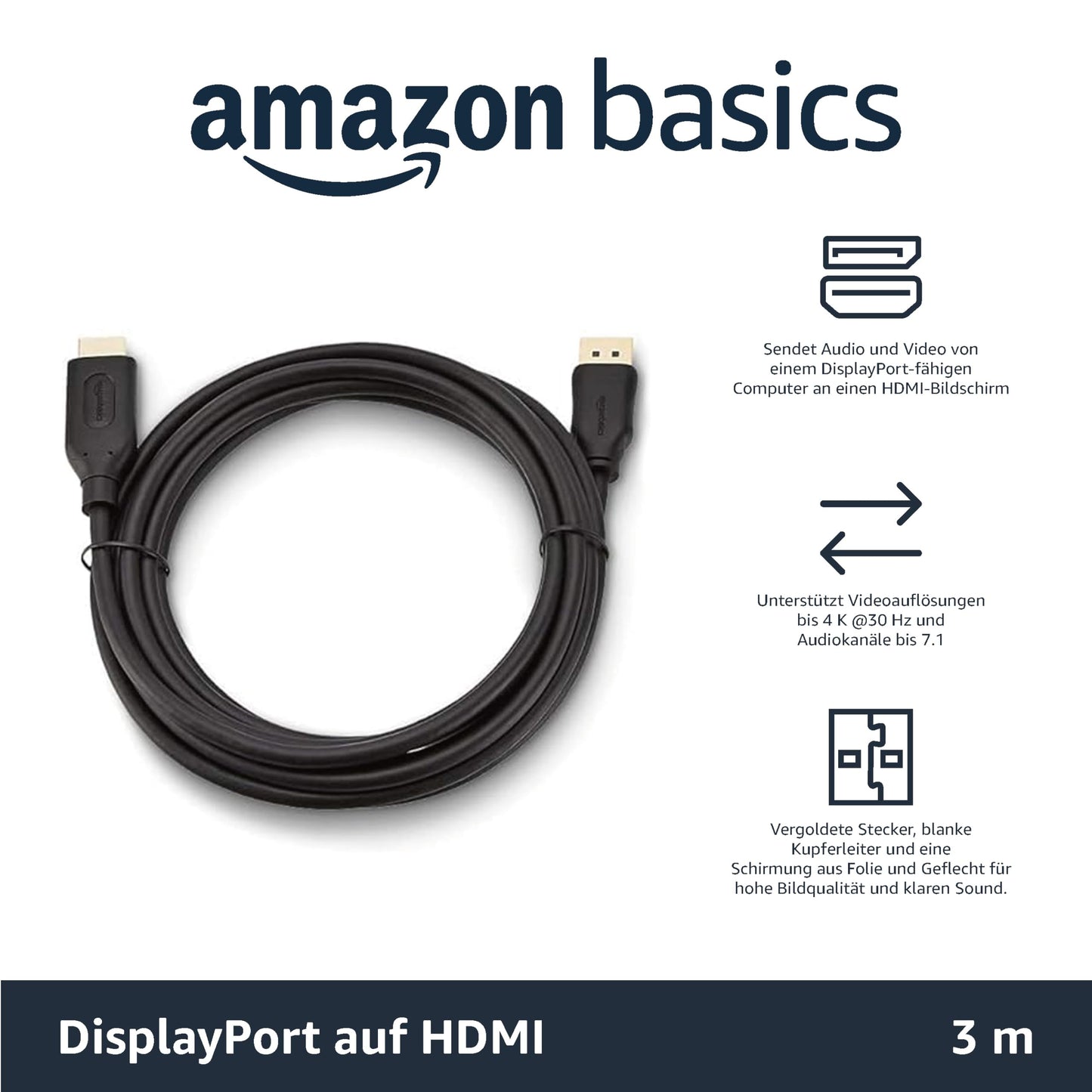 Amazon Basics DisplayPort to HDMI Cable, 5-pack, 3.04 m (10 ft), Black - DPH12M-10FT-5P