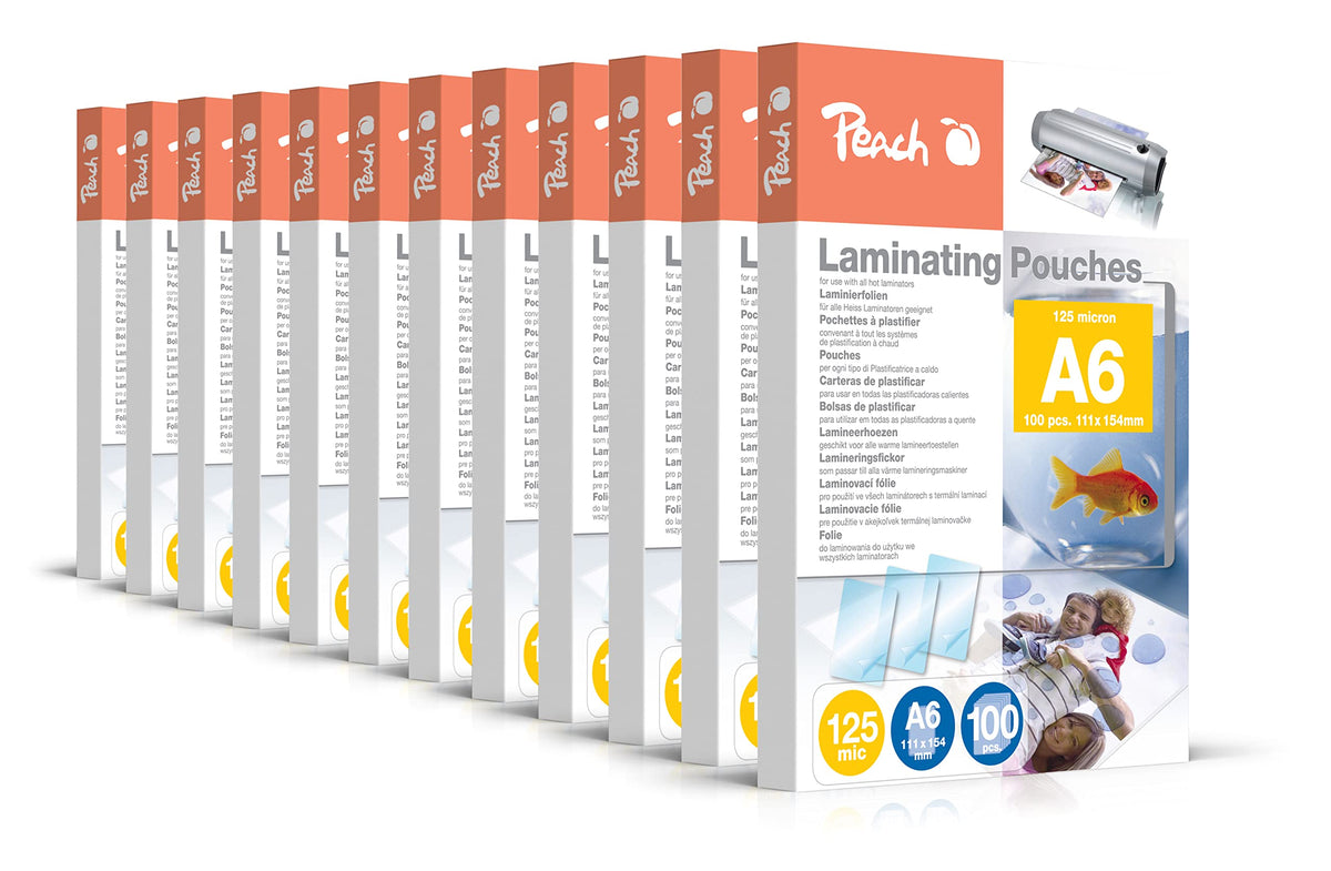 Peach laminating film A6-125 mic - 12x100 pouches - glossy - premium quality for best laminating results - compatible with devices from all brand manufacturers - PP525-0412A