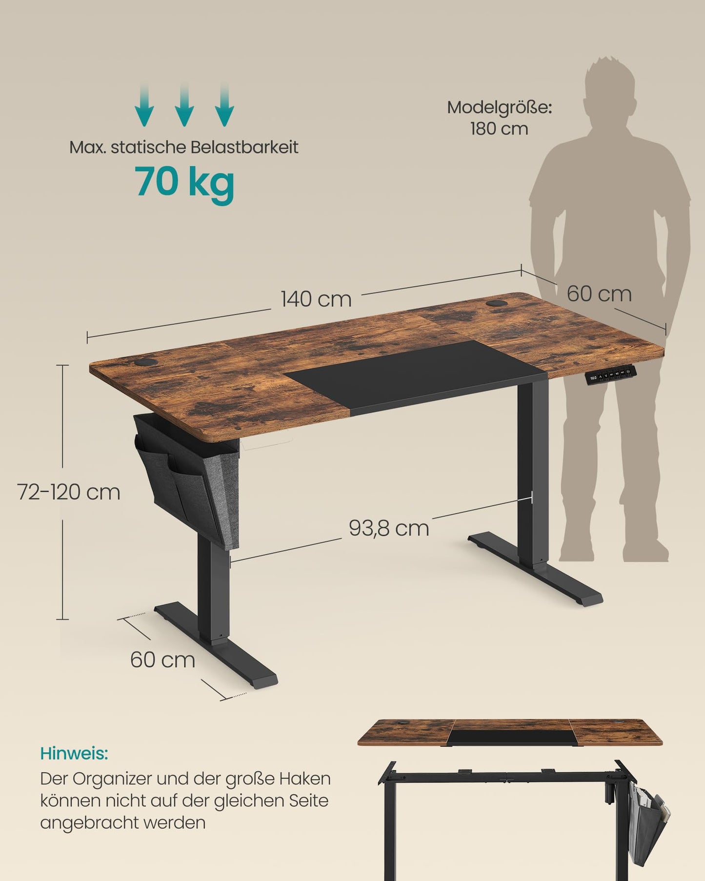 SONGMICS Electric height-adjustable desk, 140 x 60 cm, infinitely adjustable, memory function with 4 heights, vintage brown-ink black LSD016X01