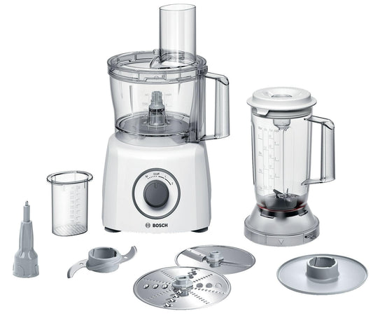 Bosch Compact Kitchen Machine Multi Talent 3, 30 functions, universal knife, slicing/grating disc, mixing bowl 2.3 L, blender 1.0 L, white, 800 W, small kitchen machine, MCM3200W