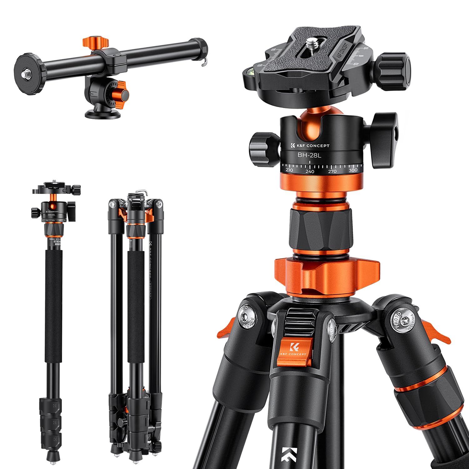 K&F CONCEPT 200CM/78inch tripod, camera tripod, tripod with 90° center column monopod function, 360° ball head and 1/4'' thread tripod for DSLR camera - K234A7+BH-28L