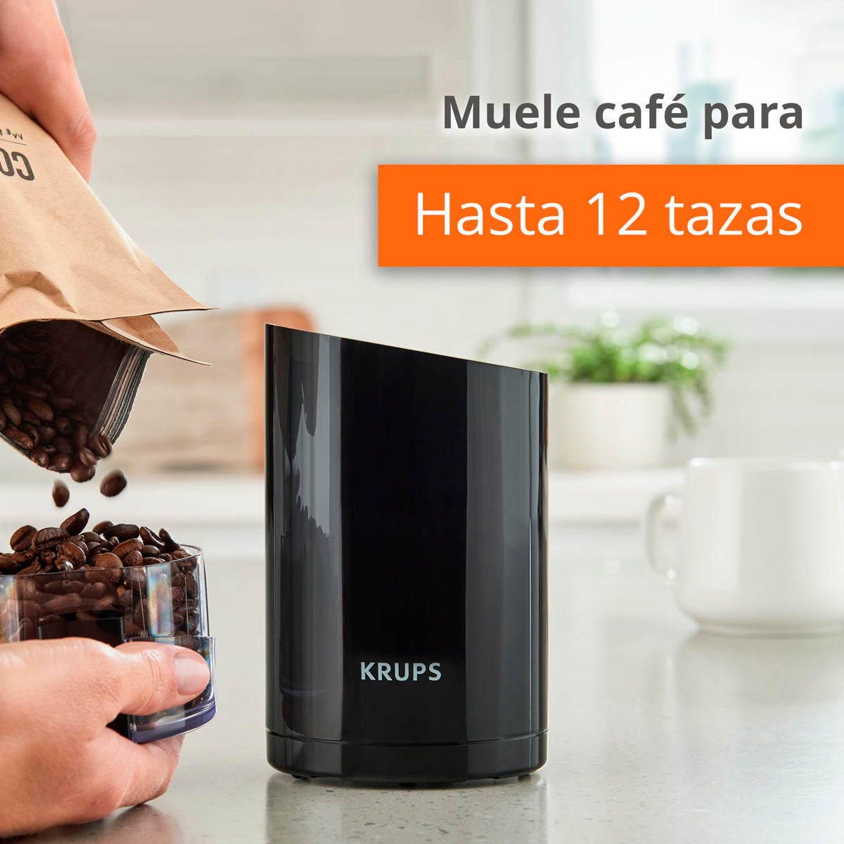 Krups F20342 Coffee and Spice Grinder in One, Powerful Motor, Adjustable Grind Size, 75g Capacity, Stainless Steel Blade, Safety Lid, Anti-Slip Feet, Black