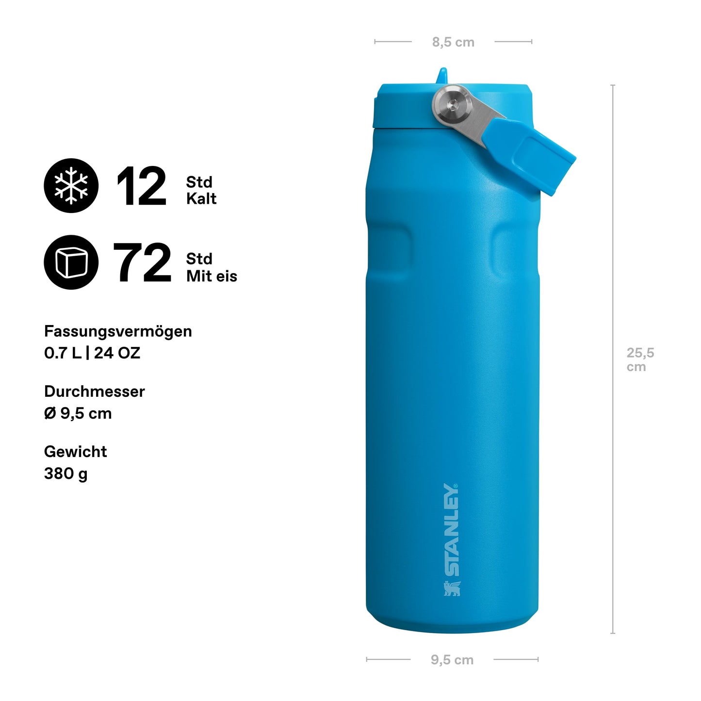 Stanley 1913 Flip Straw Drinking Bottle with Straw 0.7L - Thermal Mug Cools for 12 Hours - Ice Cold for 3 Days - BPA Free - Leakproof - For Drink Holders - Dishwasher Safe - Azure - 100000108306