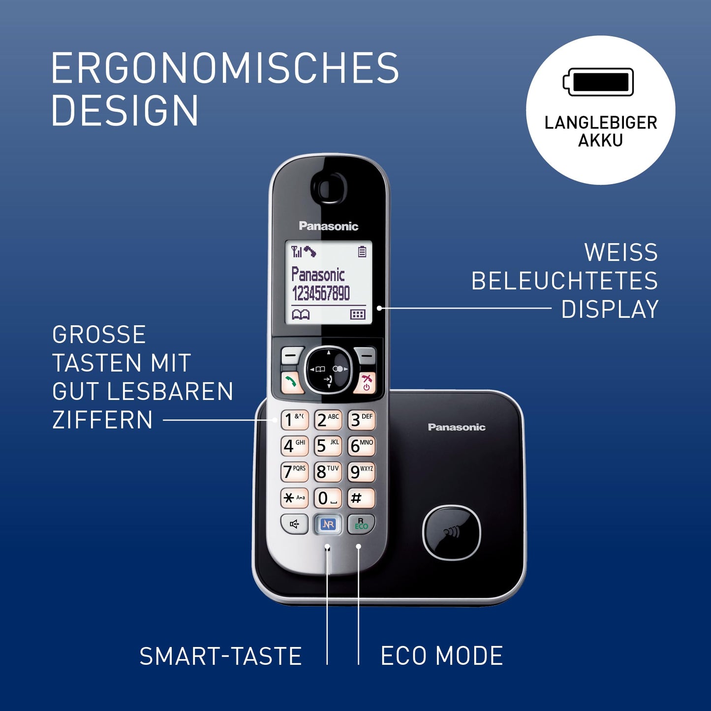 Panasonic KX-TG6812GB DECT cordless telephone Duo without answering machine (low radiation, eco mode, gap telephone, landline, call barring) black
