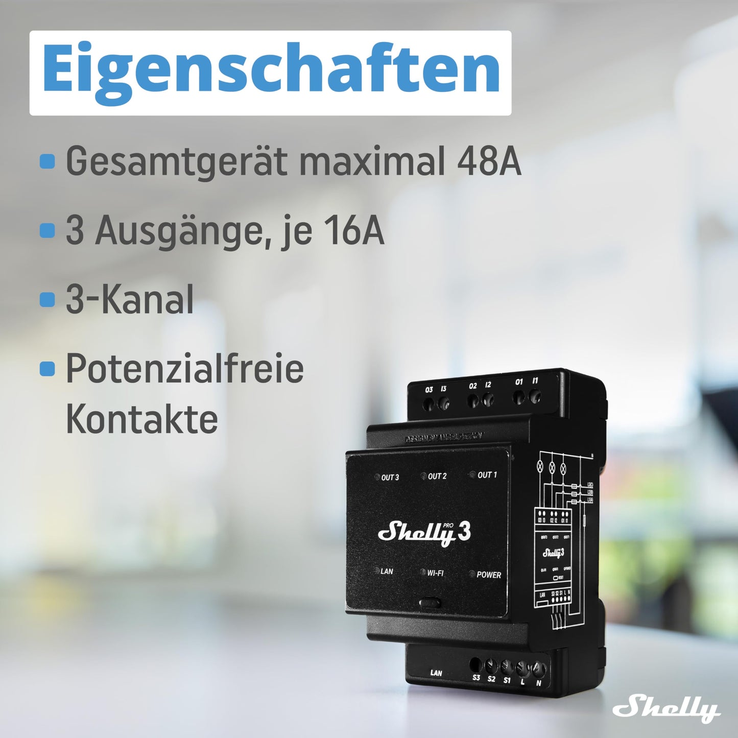 Shelly Pro 3 - WLAN & LAN Smart Relay Switch, Single & Three Phase, 3 Channel, 16A, Potential Free Contacts, Garage Door & Lighting, DIN Rail, Home Automation, No Hub Required - 3800235268094