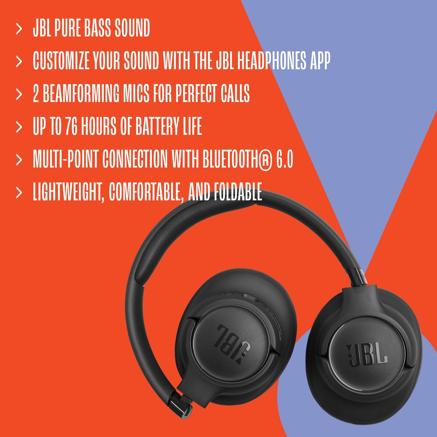 JBL Tune 730 BT Wireless Over-Ear Headphones with JBL Pure Bass Sound, Up to 76 hours of music playback, Bluetooth 6.0, lightweight, foldable design, Google Fast Pair, Microsoft Swift Pair, Lavender - JBLT730BTLAV