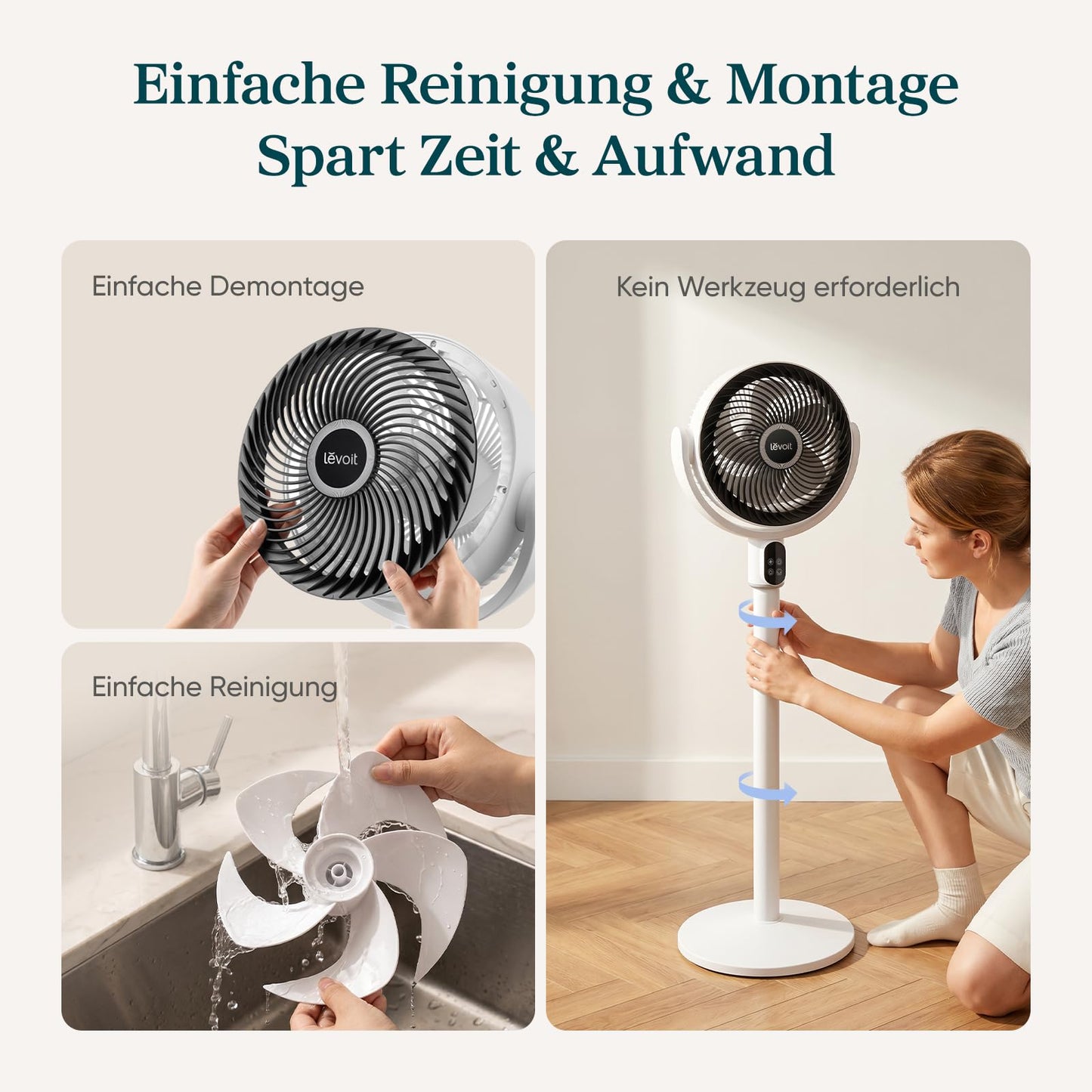 Levoit pedestal fan with DC motor, 20dB quiet fan, 1740m³/h airflow, 24m range, 6.5m/s, 90°+90° oscillation, 2 in 1 height adjustable, 5 levels, 12 hour timer, cloud gray, 97 cm - LPF-R382-WEU