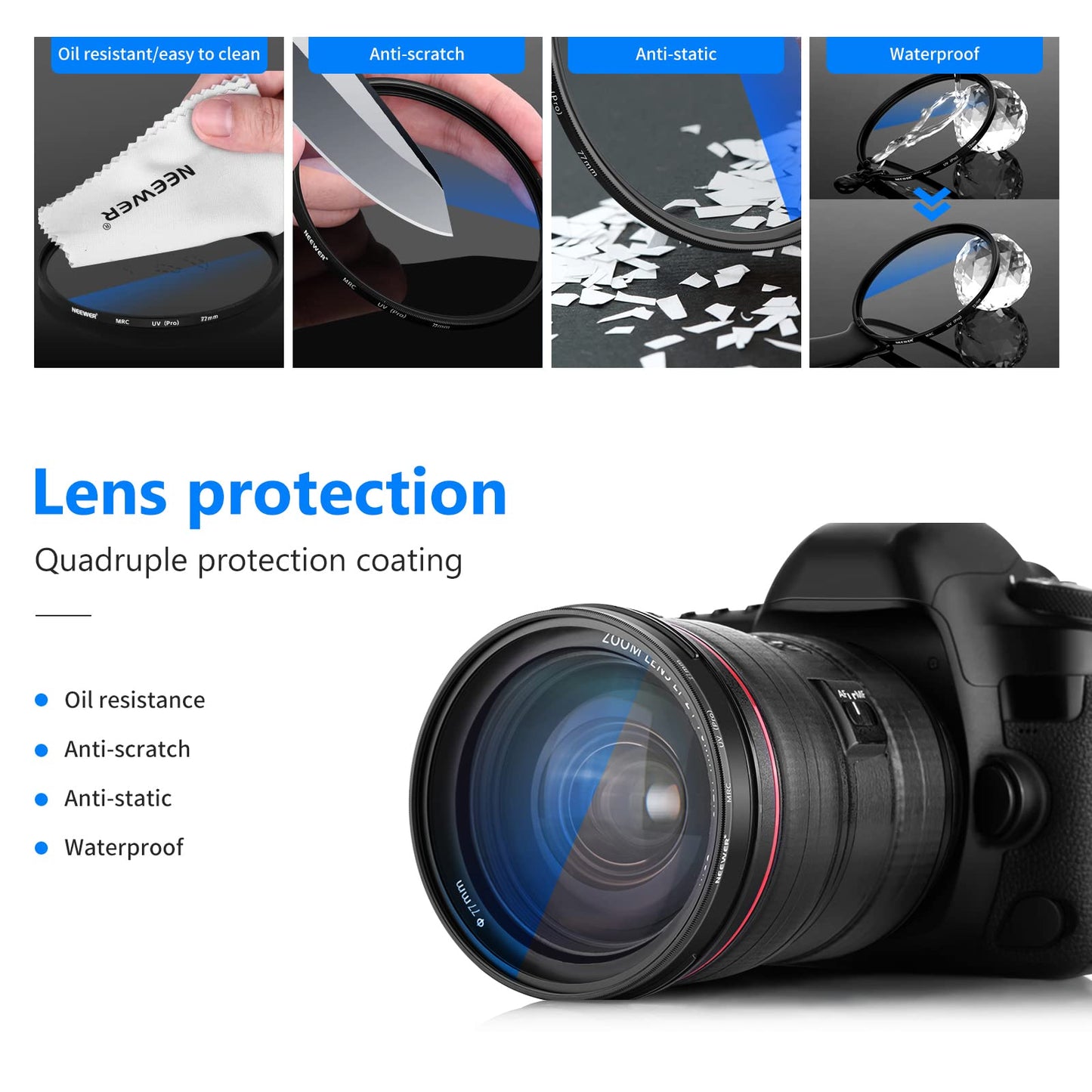 NEEWER 77mm MRC UV filter, protective filter with 30 layers of multi-resistant nano-coatings/HD optical glass/water-repellent/scratch-resistant/aluminum alloy ultra slim frame/ultraviolet filter - 10100217