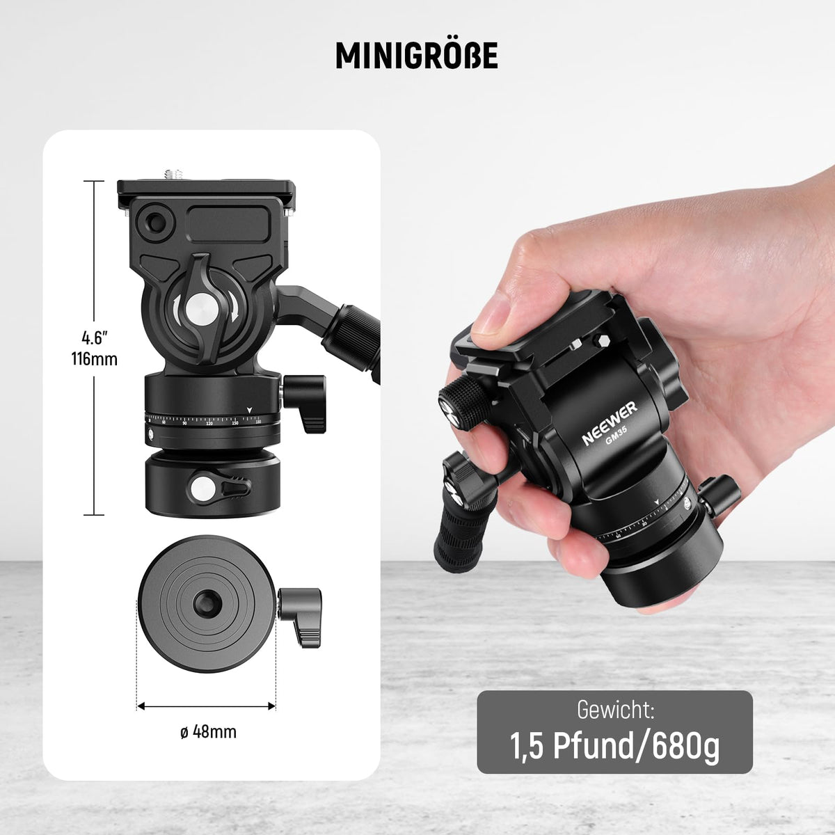 NEEWER Videostativ Fluidkopf cu bază de nivelare +/-7° (φ48mm), mini cap de înclinare și panoramare din metal cu placă Arca QR, mâner telescopic pentru cameră video compactă DSLR, capacitate maximă de încărcare 5kg GM35