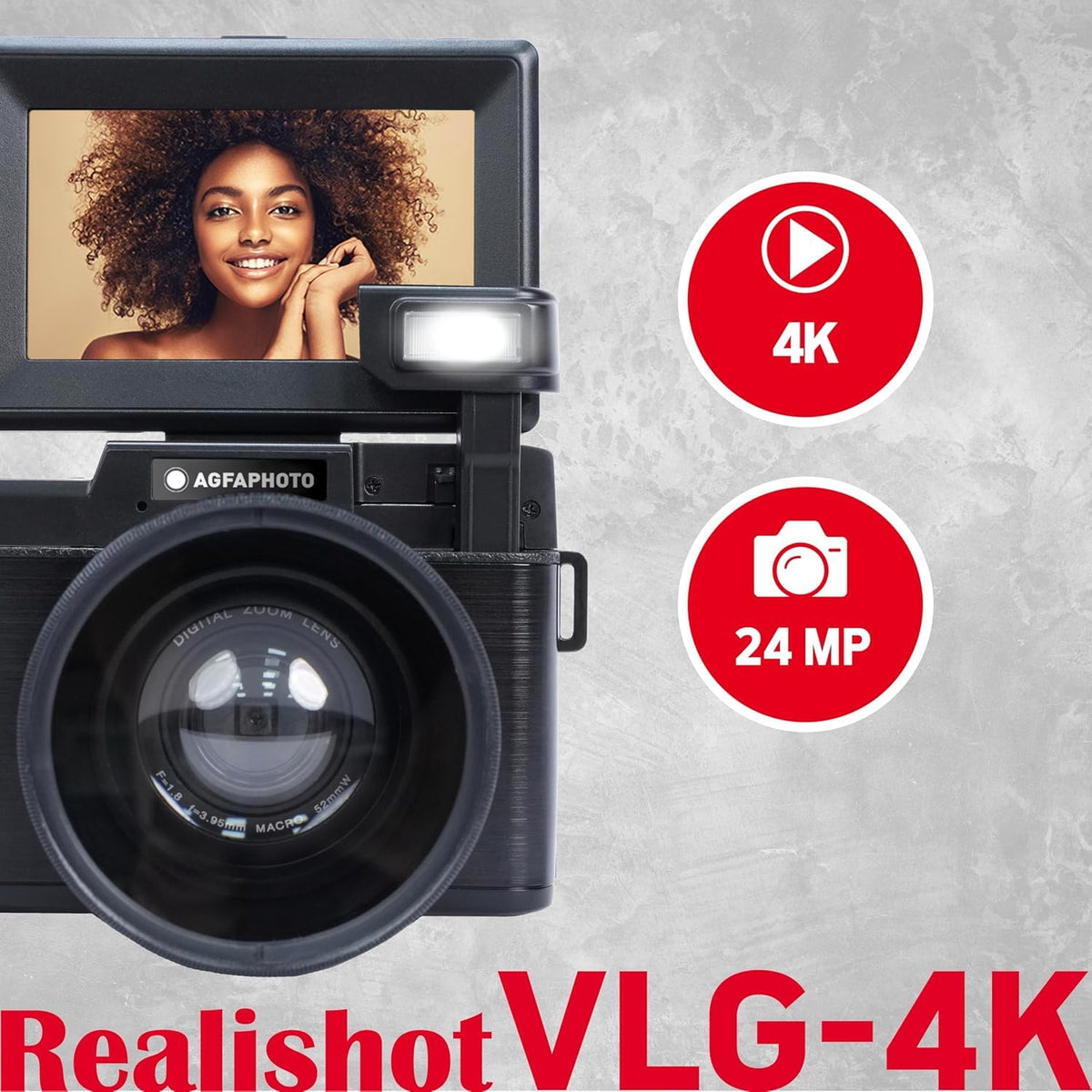 AGFA PHOTO Realishot VLG-4K Vlogging Kit - Cameră de 24MP, video 4K, ecran LCD de 3'', zoom digital de 16 ori, senzor CMOS, baterie litiu - Negru - 3760265543915
