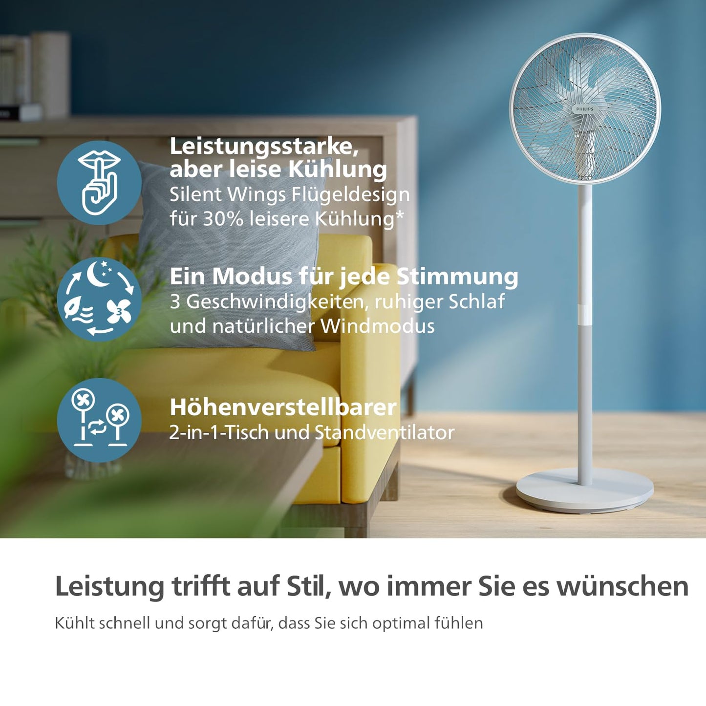 Philips fan series 2000. Strong & super quiet with SilentWings technology. 19dB. 2-in-1 table & pedestal fan. Tilt & oscillation adjustable. 12 hour timer. White (CX2550/00)