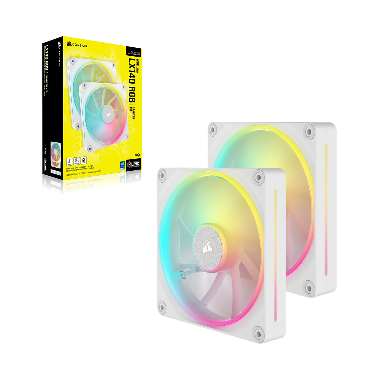 CORSAIR iCUE LINK LX140 RGB 140mm PWM Fan Double Pack – Two Light Rings – Includes iCUE LINK System Hub – CORSAIR AirGuide Technology – White - CO-9051032-WW