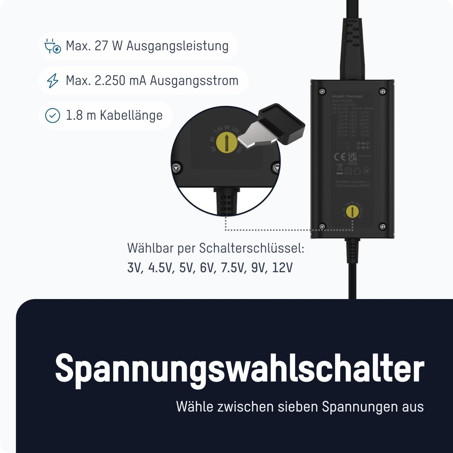 Ansmann 12V power supply APS 2250H power plug up to max. 2250mA (7 universal adapter plugs) power adapter for small electrical appliances adjustable from 12-24 volts, 1201-0026