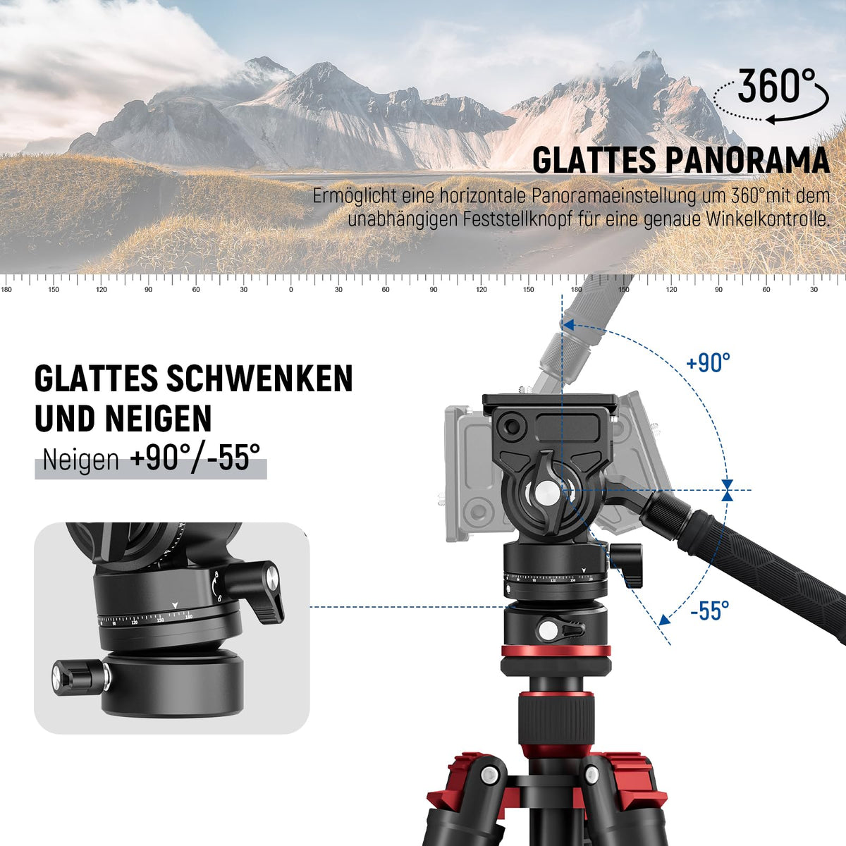NEEWER Videostativ Fluidkopf cu bază de nivelare +/-7° (φ48mm), mini cap de înclinare și panoramare din metal cu placă Arca QR, mâner telescopic pentru cameră video compactă DSLR, capacitate maximă de încărcare 5kg GM35