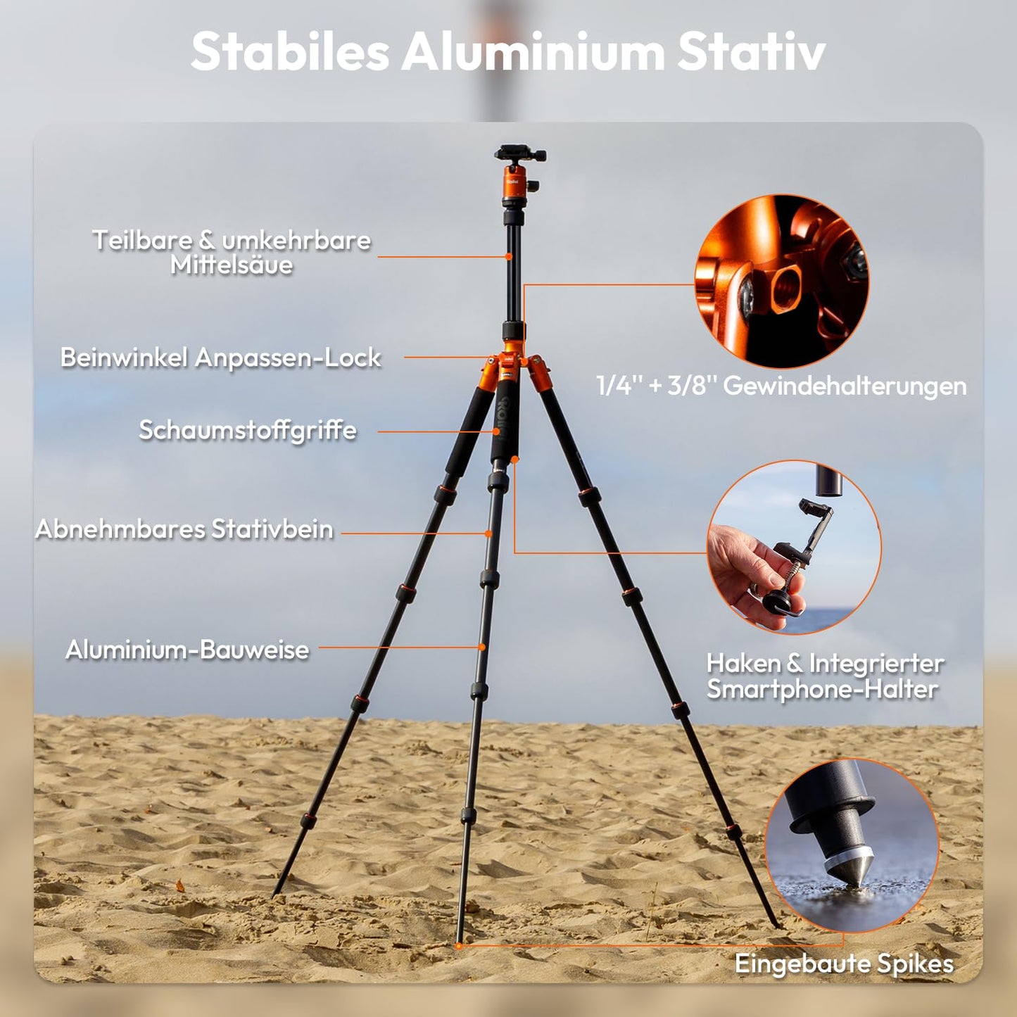 Rollei Compact Traveler No.1 Orange, 145cm Tripod Camera with Ball Head Lightweight Travel Tripod Made of Aluminum Photo Tripod Compact Arca Swiss Compatible Camera Tripod & Monopod for DSLR and Smartphone - 20934
