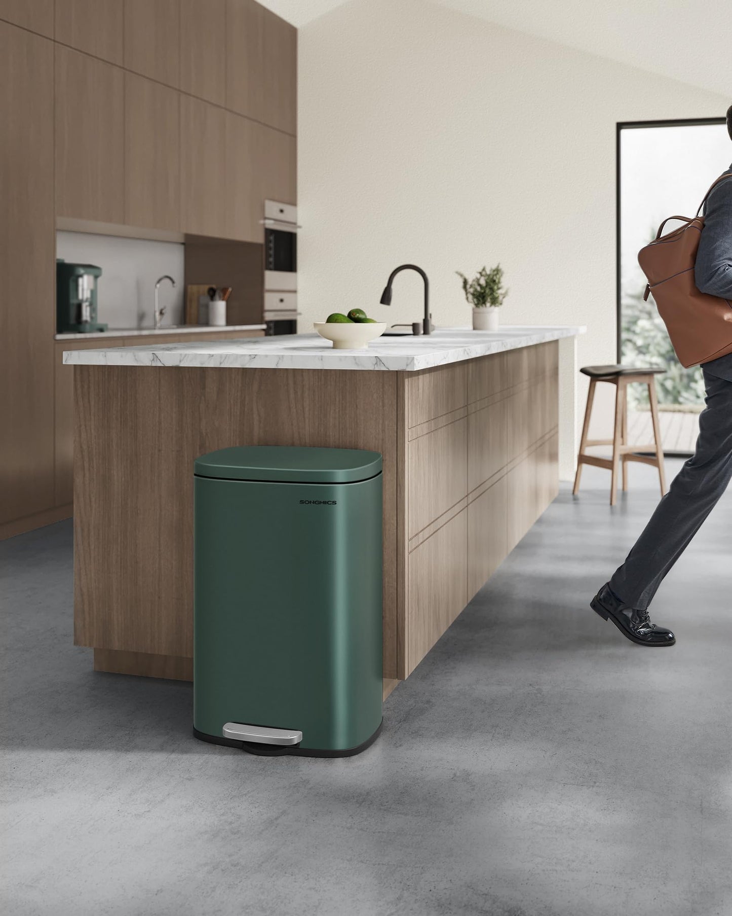 SONGMICS kitchen rubbish bin, 50 liters, waste bin, pedal bin, with lid, soft close, foot pedal, steel, inner bin, vintage green LTB050C02