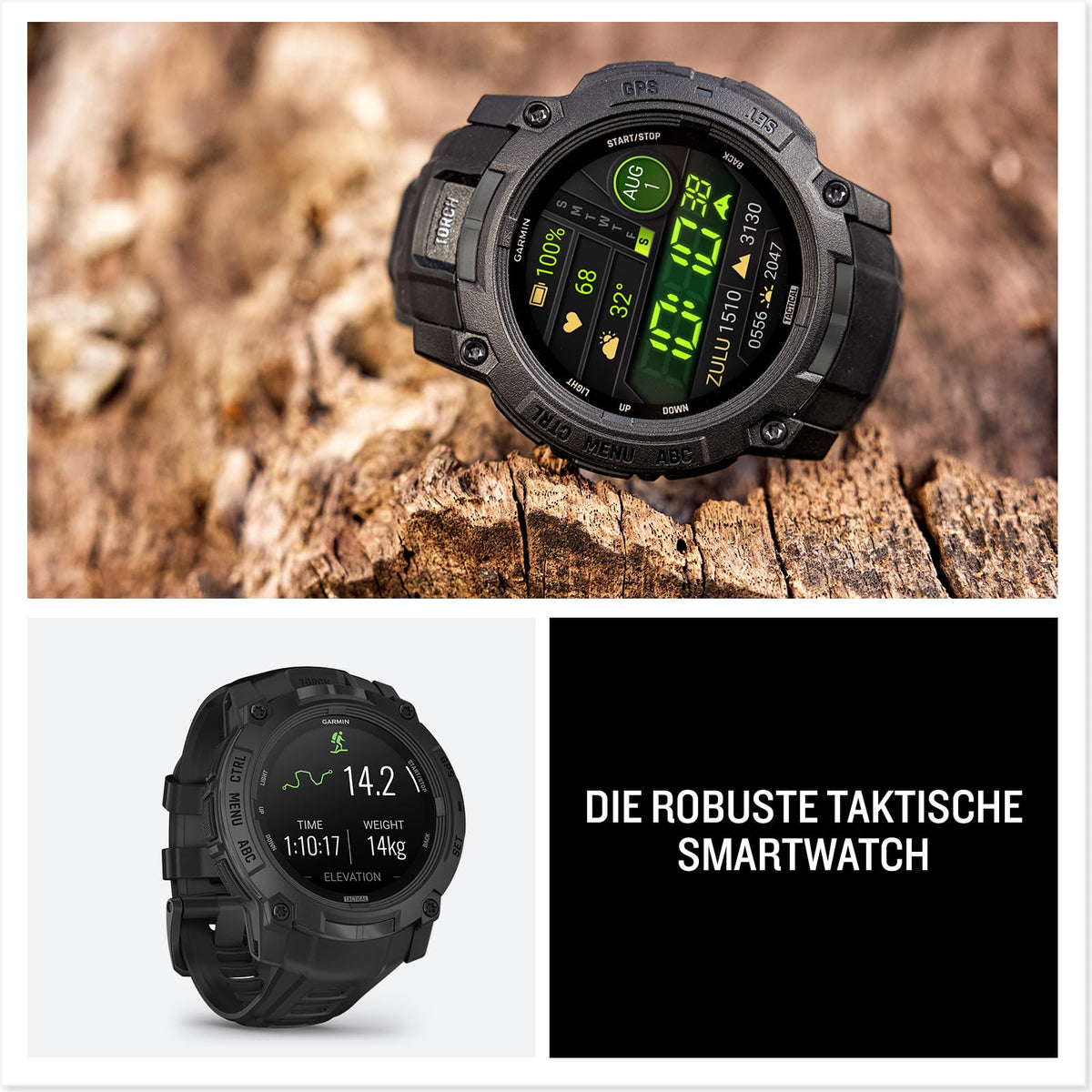 Garmin Instinct 3 Tactical 50mm AMOLED – Ceas inteligent GPS pentru multisport, display AMOLED de 1,3", autonomie a bateriei de până la 24 de zile, peste 80 de aplicații sportive, funcții tactice, recepție multi-satelit, lanternă LED - 010-03020-50