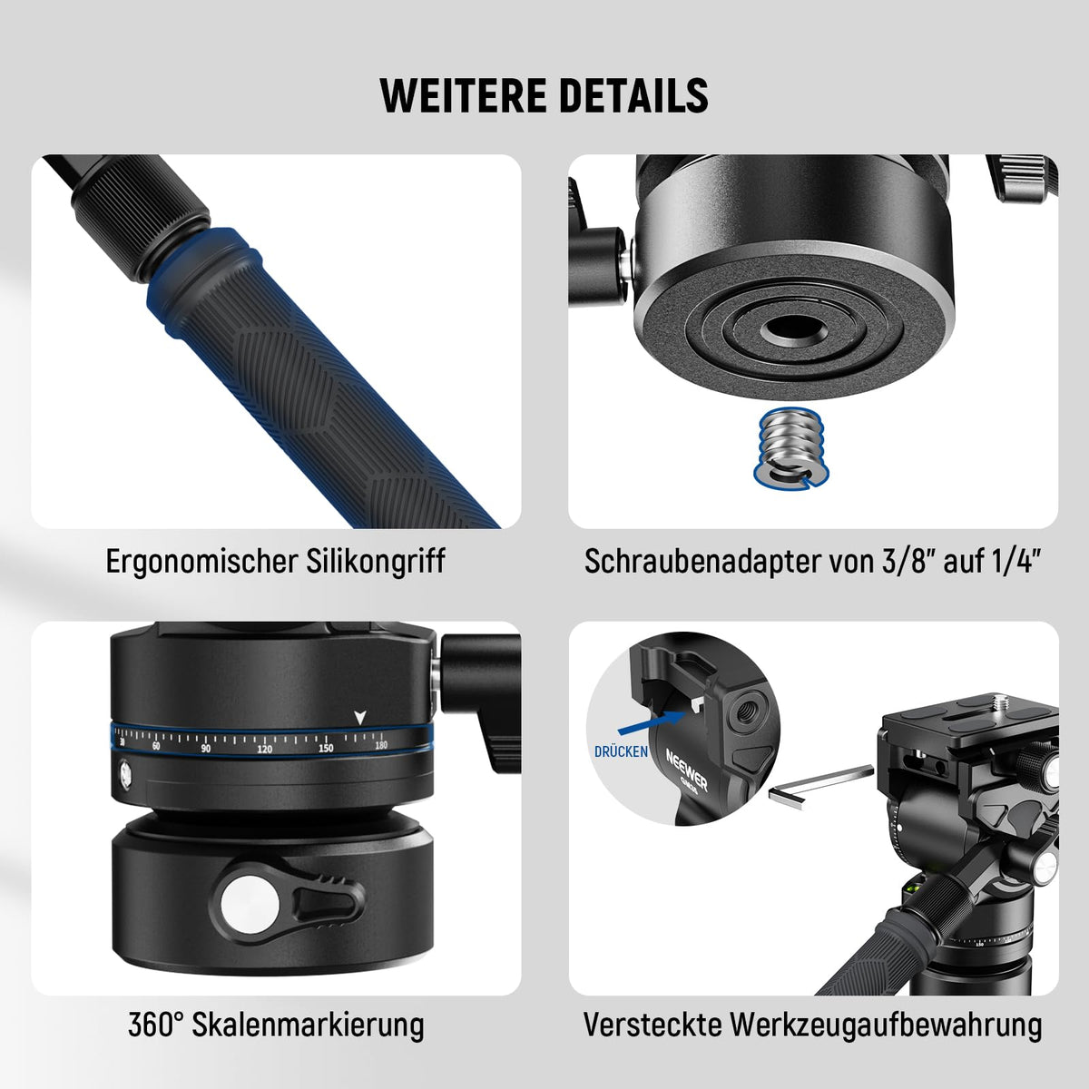 NEEWER Videostativ Fluidkopf cu bază de nivelare +/-7° (φ48mm), mini cap de înclinare și panoramare din metal cu placă Arca QR, mâner telescopic pentru cameră video compactă DSLR, capacitate maximă de încărcare 5kg GM35