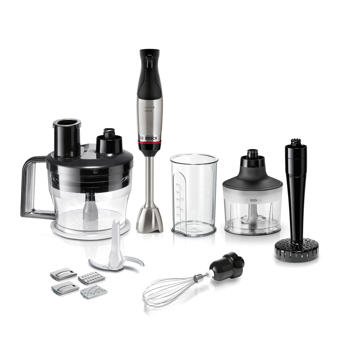 Bosch ErgoMaster Series 6 Hand Blender, 4 stainless steel blades, one-handed operation, wear-free ceramic coupling, durable, air cooling, chopper, potato masher, whisk, 1000 W, MSM6M673