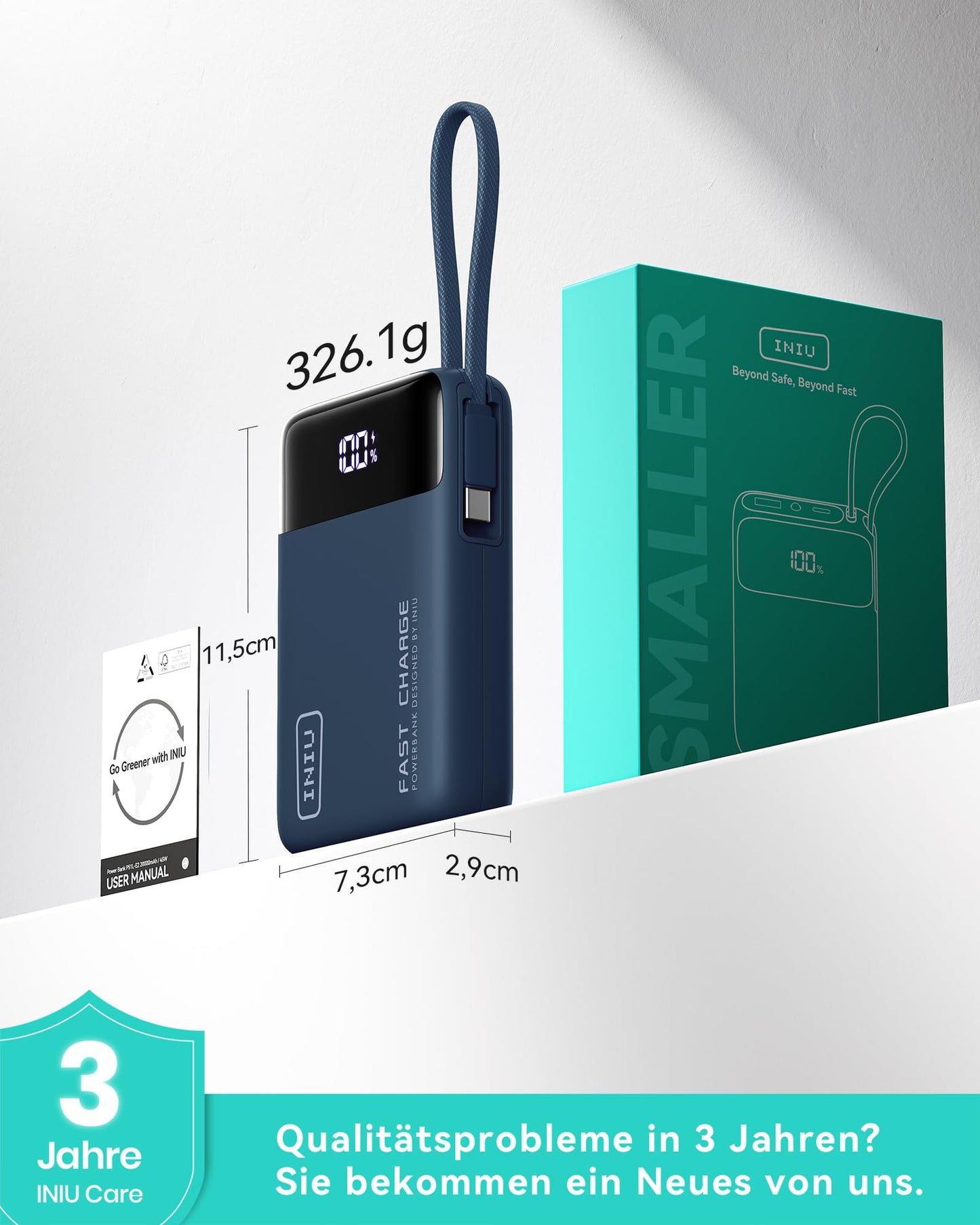 INIU 45W power bank, ultra small 20000mAh power bank with integrated USB C cable, quick charging external mobile phone batteries, suitable for flight, travel essential for air travel, hand luggage, long flights, blue - P51L