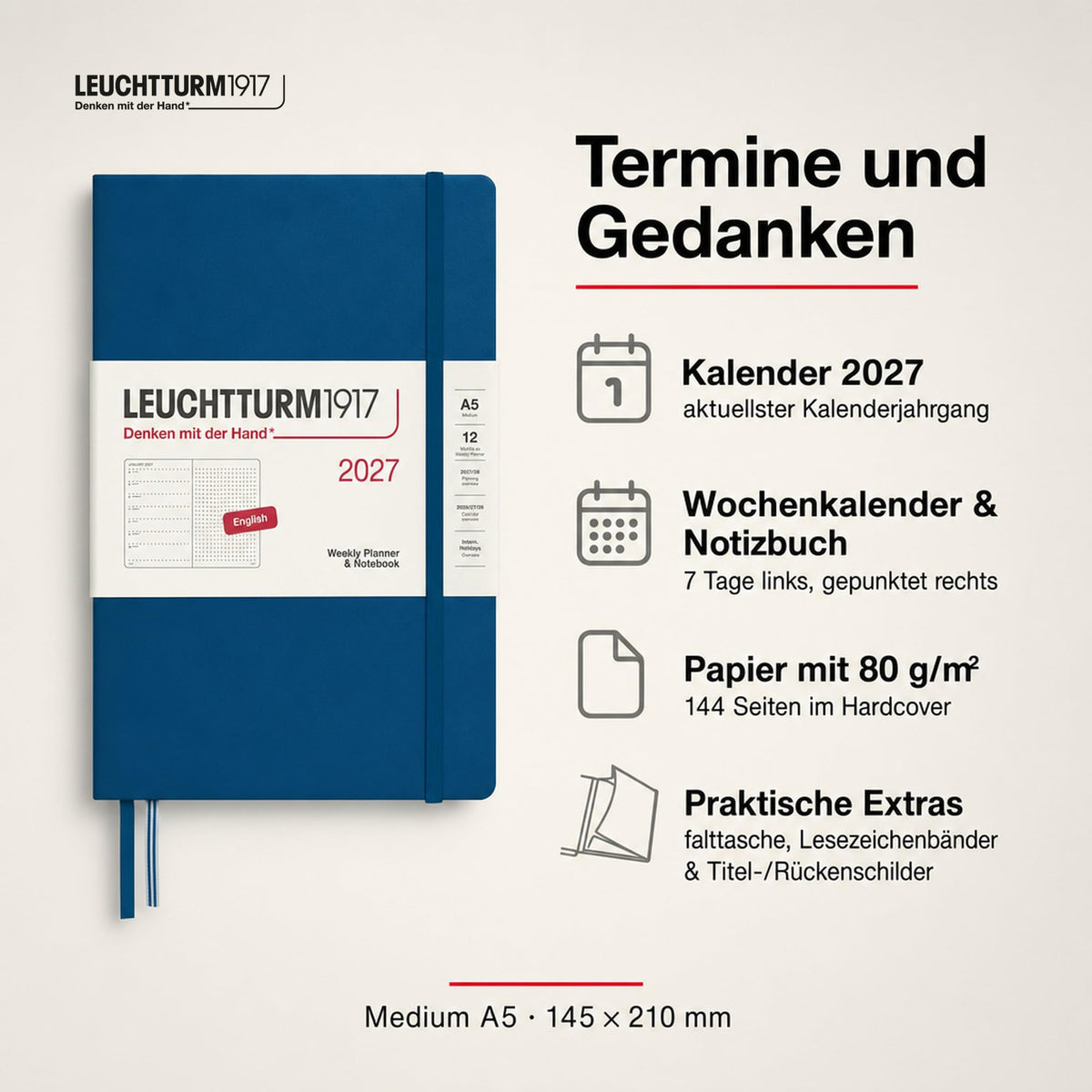 LEUCHTTURM1917 calendar săptămânal 2027 punctat mediu (A5) cu caiet, punctat - planificator de întâlniri engleză, indigo, hardcover, 145 x 210 mm, ianuarie-decembrie 2027, prezentare săptămânală în stânga + pagina de note în dreapta - 400263