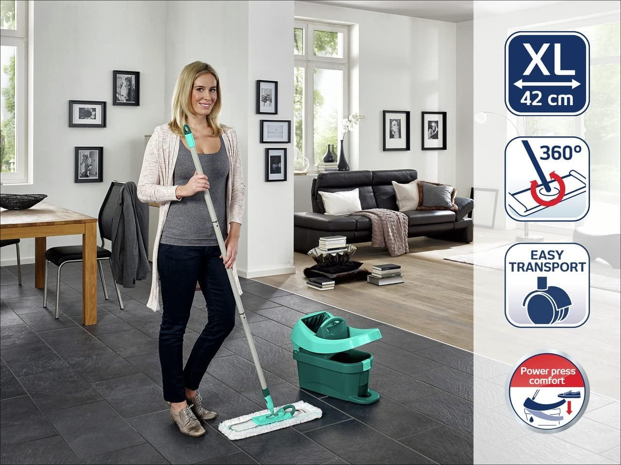 Leifheit Set Wiping Cloth Press Profi XL with floor wiper and rollers including replacement cover Profi Micro Duo made of microfiber, absorbent and easy to clean, set for cleaning without bending over with click system - 55099
