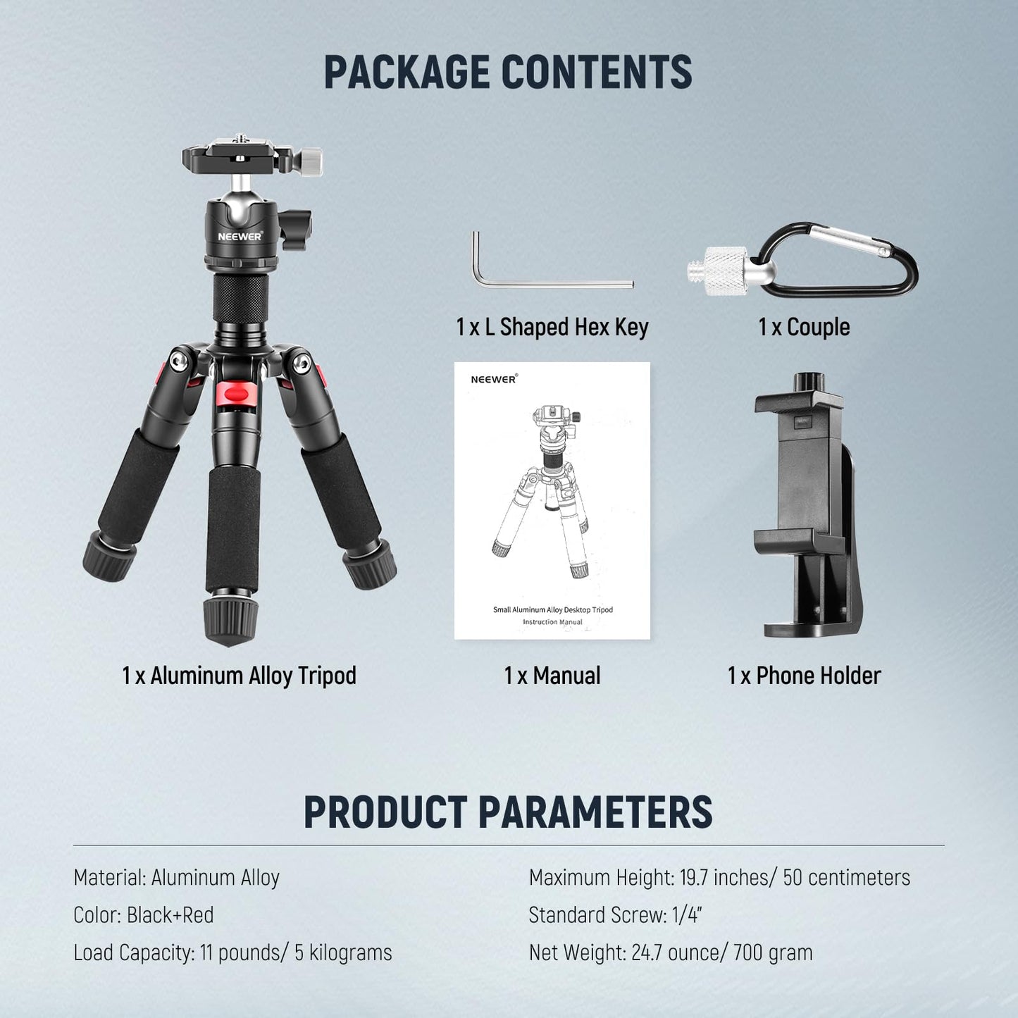 NEEWER Mini table tripod with smartphone holder compatible with iPhone & DSLR cameras for video recordings, 50cm compact travel webcam tripod with 360° ball head & 1/4" quick release plate, TP-AAM521