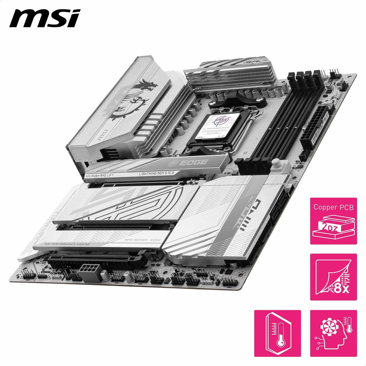 MSI MPG X870E Edge TI WiFi Motherboard, ATX - Supports AMD Ryzen 9000/8000 / 7000 processors, AM5-80A SPS VRM, DDR5 Memory Boost 8400+MT/s (OC), PCIe 5.0 x16, M.2 Gen5, Wi-Fi 7, 5G LAN - 7E59-002R