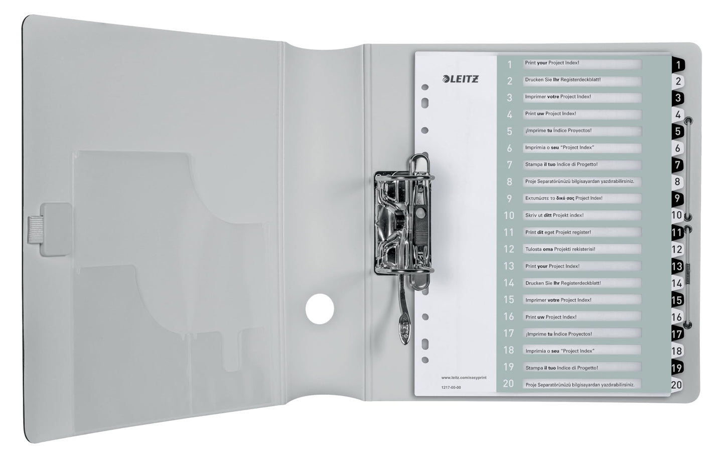 Leitz index for A4, pack of 6, PC-writable cover sheet and 20 dividers, tabs with numbers printed 1-20, extra width, white/black, polypropylene, WOW, 12170000 - 12170000-6