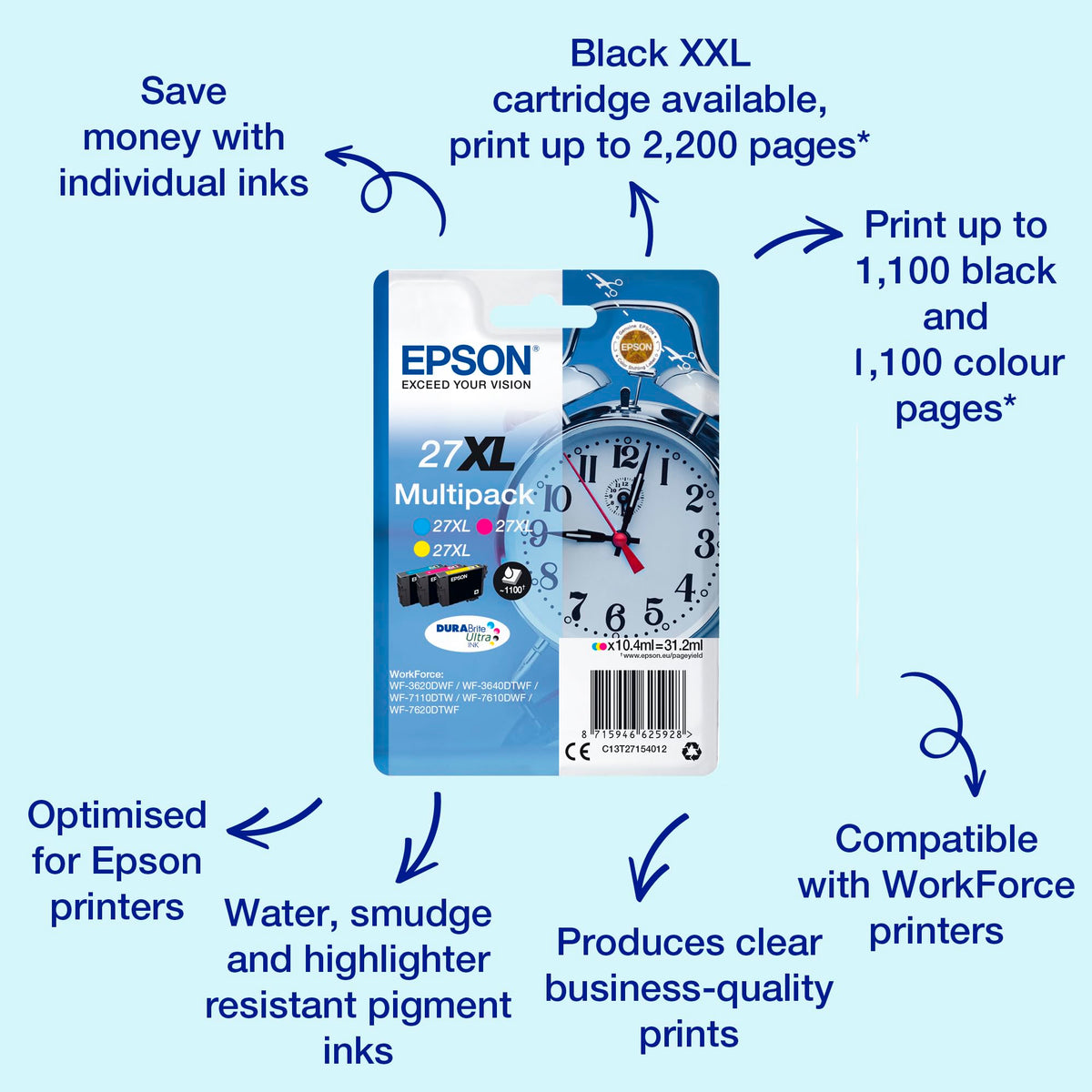 Epson Tinte T2715, 27 Original Kombi-Pack Cyan, Galben, Magenta C13T27154012, Multipack, XL
