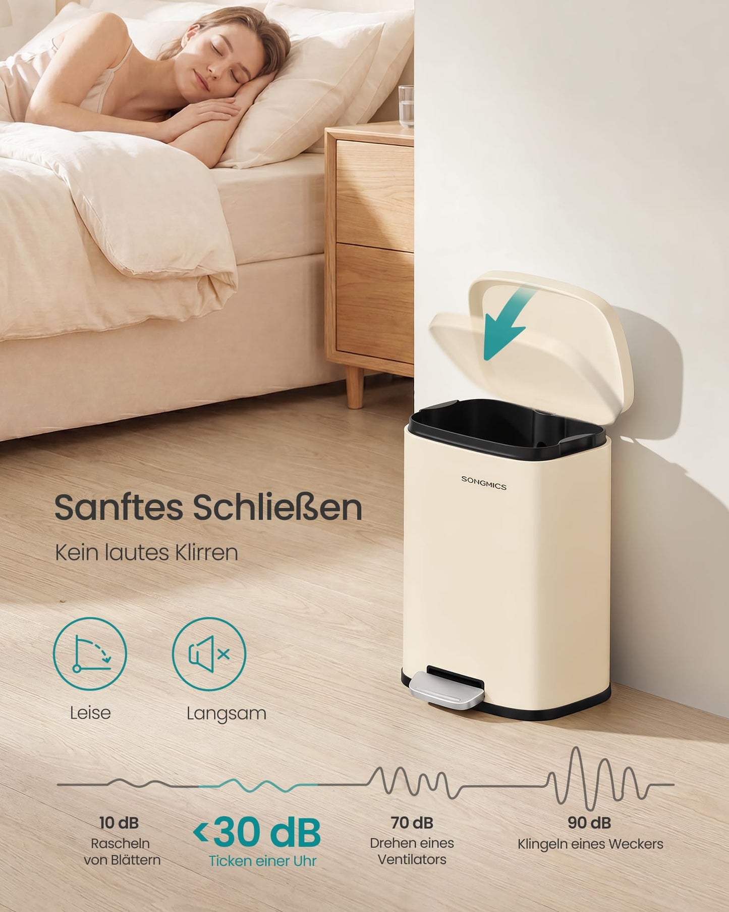 SONGMICS Trash Can, Pedal Trash Can Made of Steel, Trash Can with Lid and Inner Bucket, 12 L, 38.4 x 28.6 x 25.2 cm, Small Cosmetic Bin for Bathroom, Beige, PLUSHIC Collection LTB112LZ02