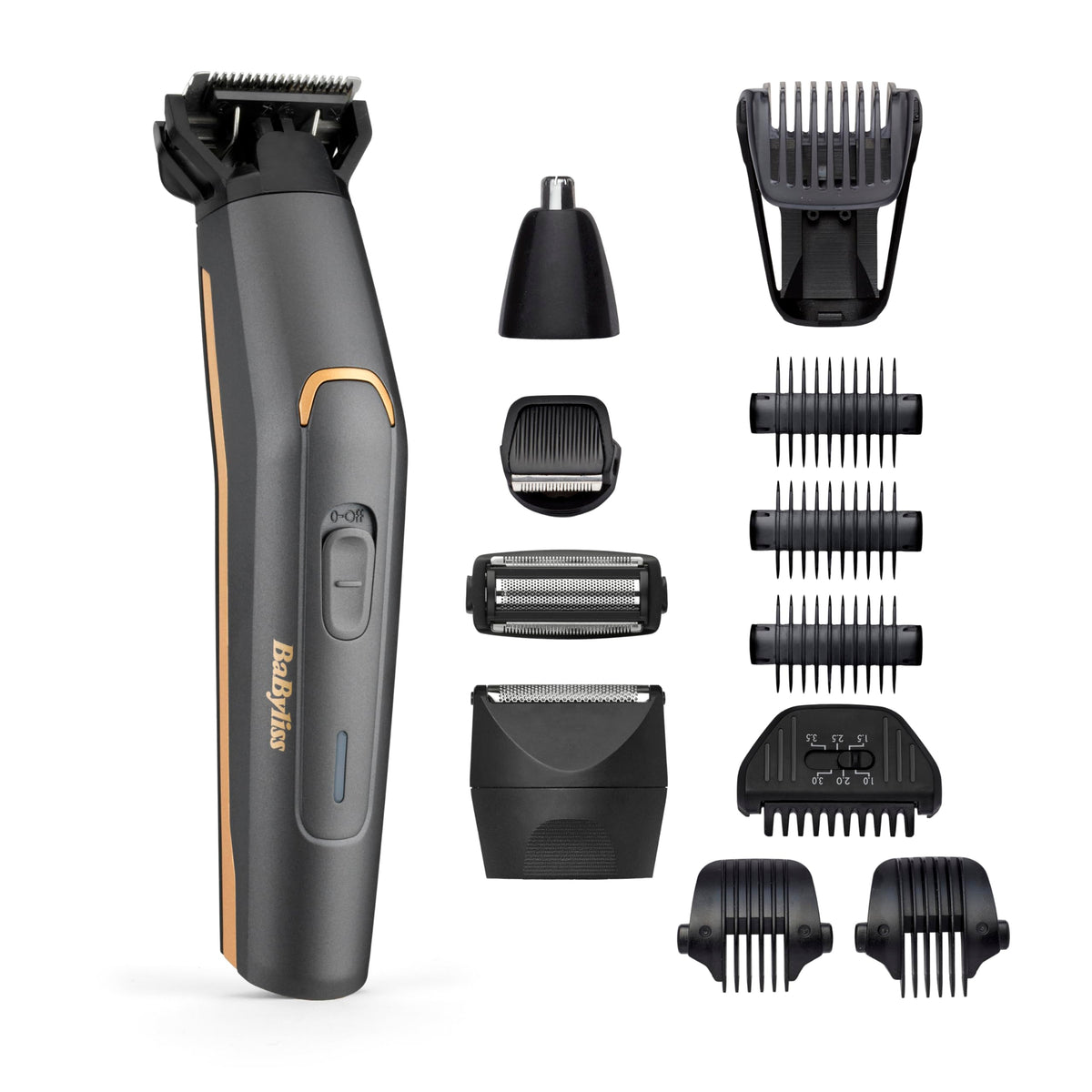 BaByliss MT987E Multi-Trimmer Graphite Precision 12-in-1, fără fir, cap de precizie, cap pentru corp, cap pentru barbă, cap pentru nas/urechi, cap de ras