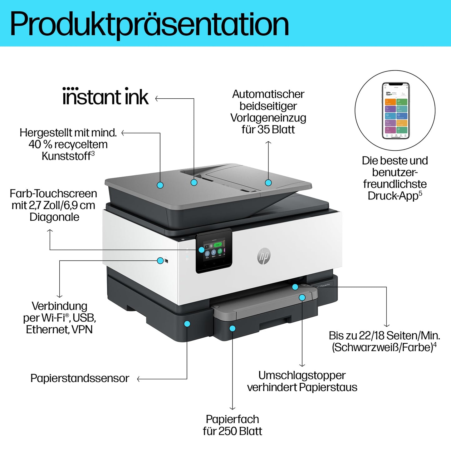 HP OfficeJet Pro 9120e multifunction printer, 6 months free printing Instant Ink included, printer, scanner, copier, fax, WLAN, LAN, duplex, airprint, gray-white - 403X8B#629