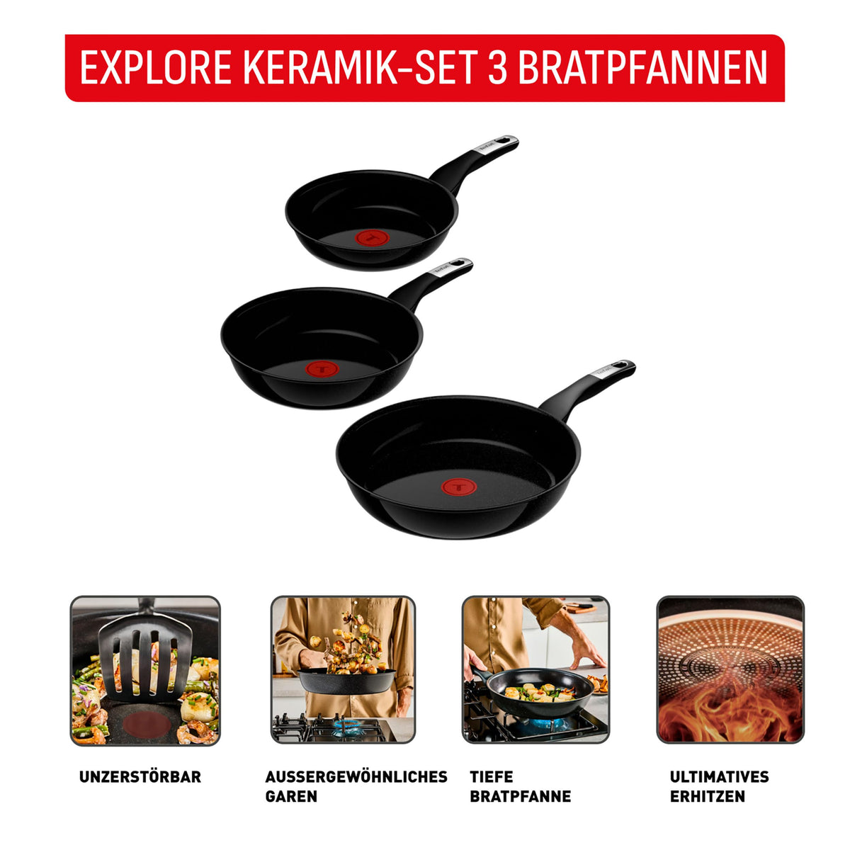 Set de tigăi Tefal Explore On Keramik 3 piese 20/24/28 cm, rezistent la zgârieturi - G2149132