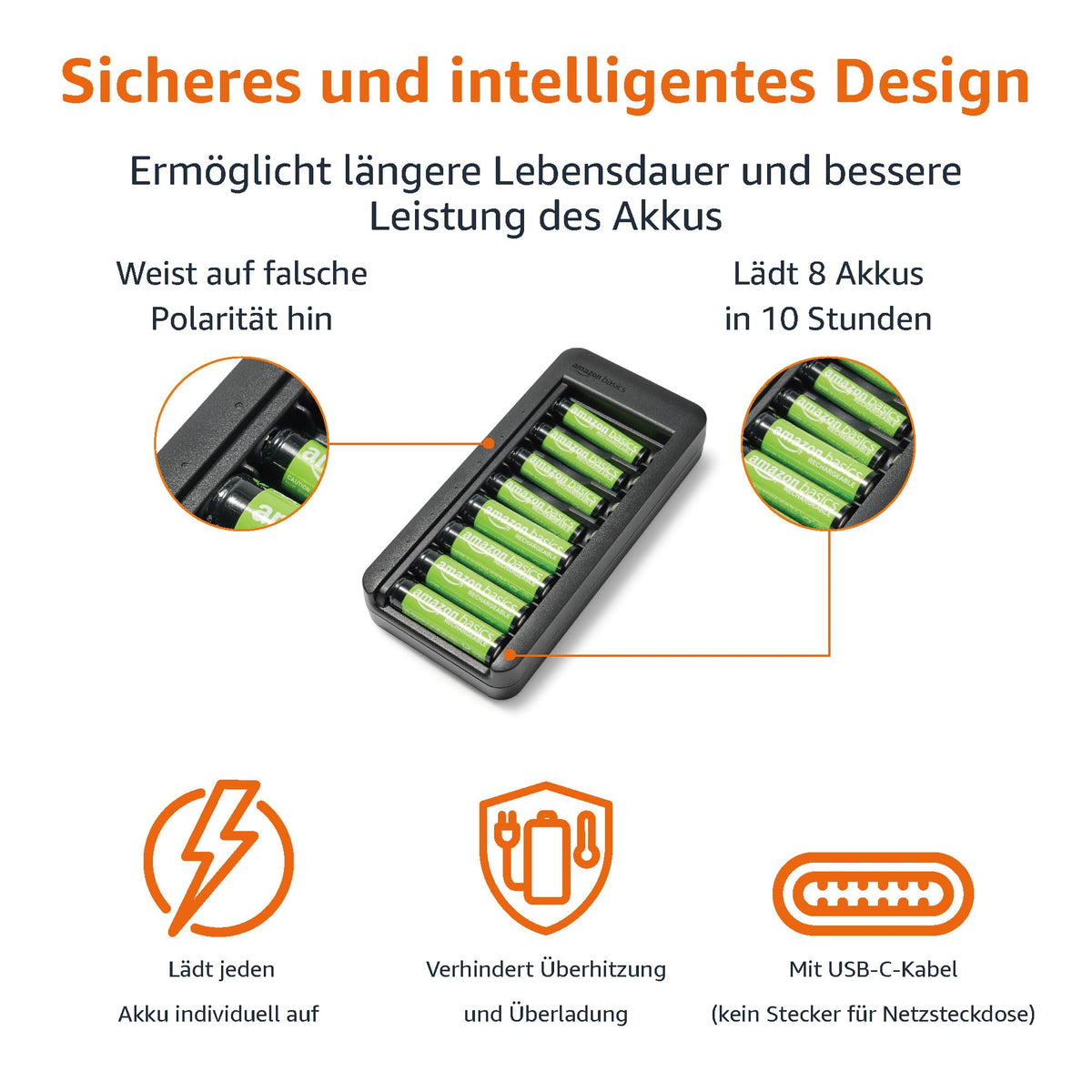Amazon Basics Battery Set, rechargeable, consisting of 8 x AAA batteries, NiMh, 800 mAh, + 8 x AA batteries, 2000 mAh, with a battery charger that holds 8 batteries, without AC power adapter, USB-C connection, black. - HFR-AA2000-AAA800-HPTCH0036