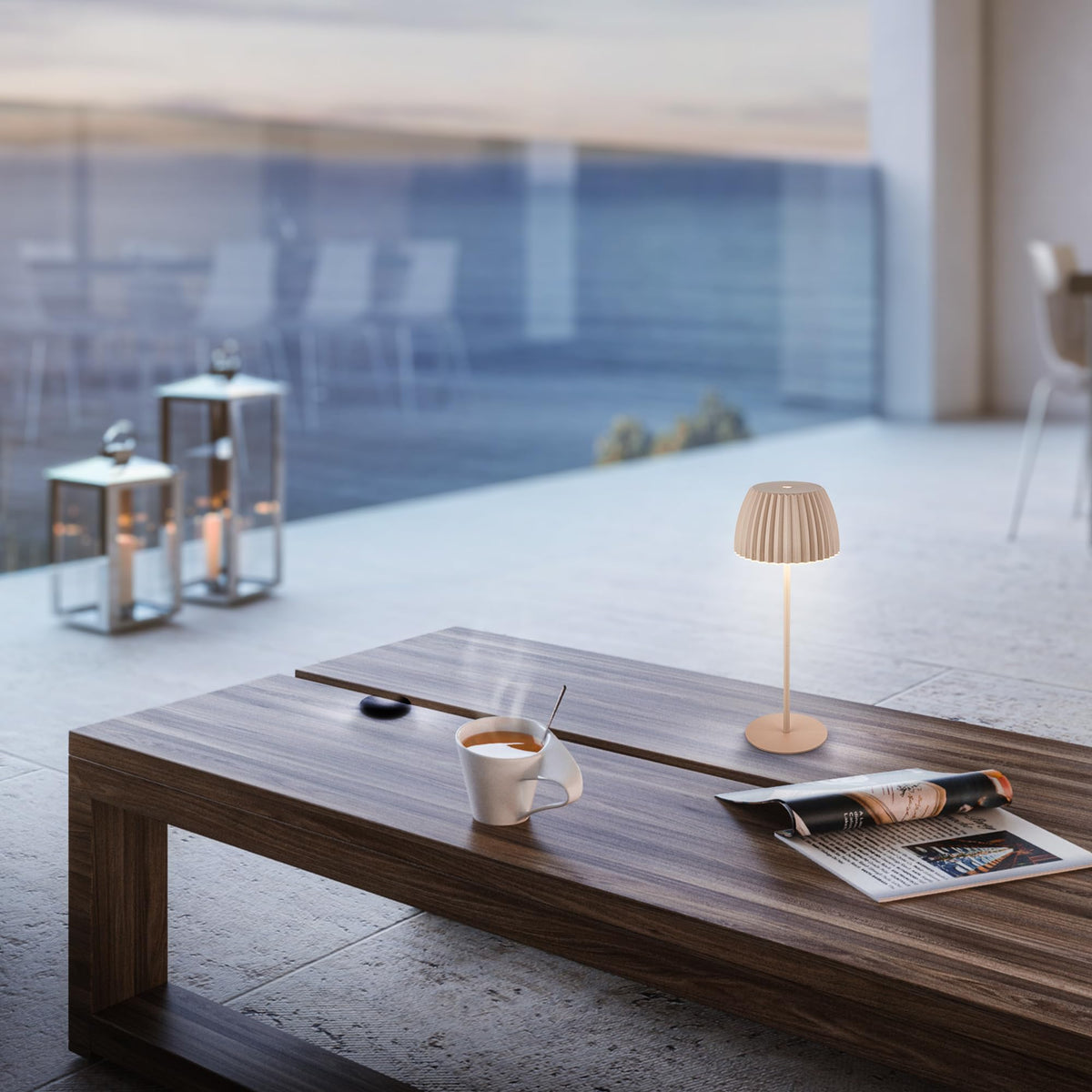 BRILONER - Riffle LED Table Lamp Wireless IP44 with Light Edge, Touch Dimmer, Replaceable Battery, Nightstand Lamp, Reading Lamp, LED Lamp, Battery Lamp, German Design Award Winner 2025, 14.5x36.5 cm, Beige - 7553011