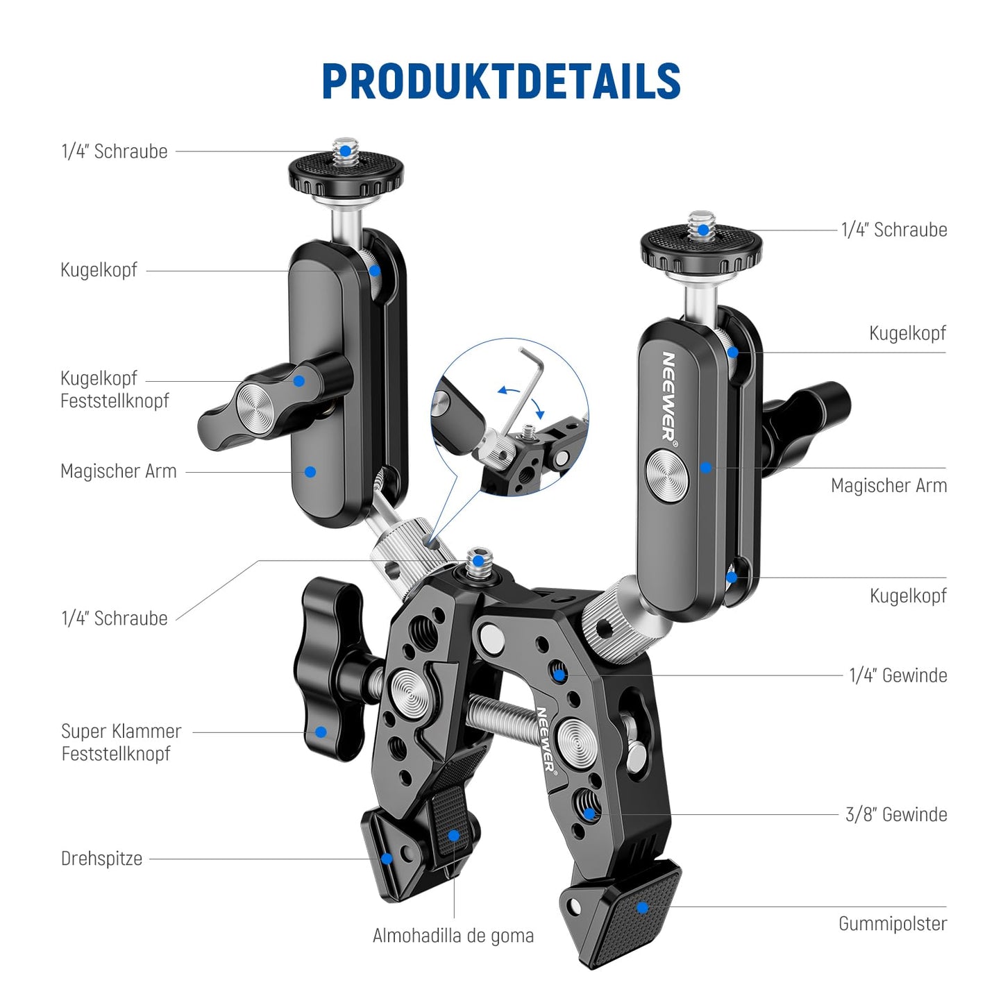 NEEWER Heavy Duty Super Clamp with Two 360° Double Ball Head Magic Arms 1/4" 3/8" Screw Thread Mobile Phone/Action Camera Mount Adapter Compatible with GoPro DJI Insta360 DSLR - 10106893
