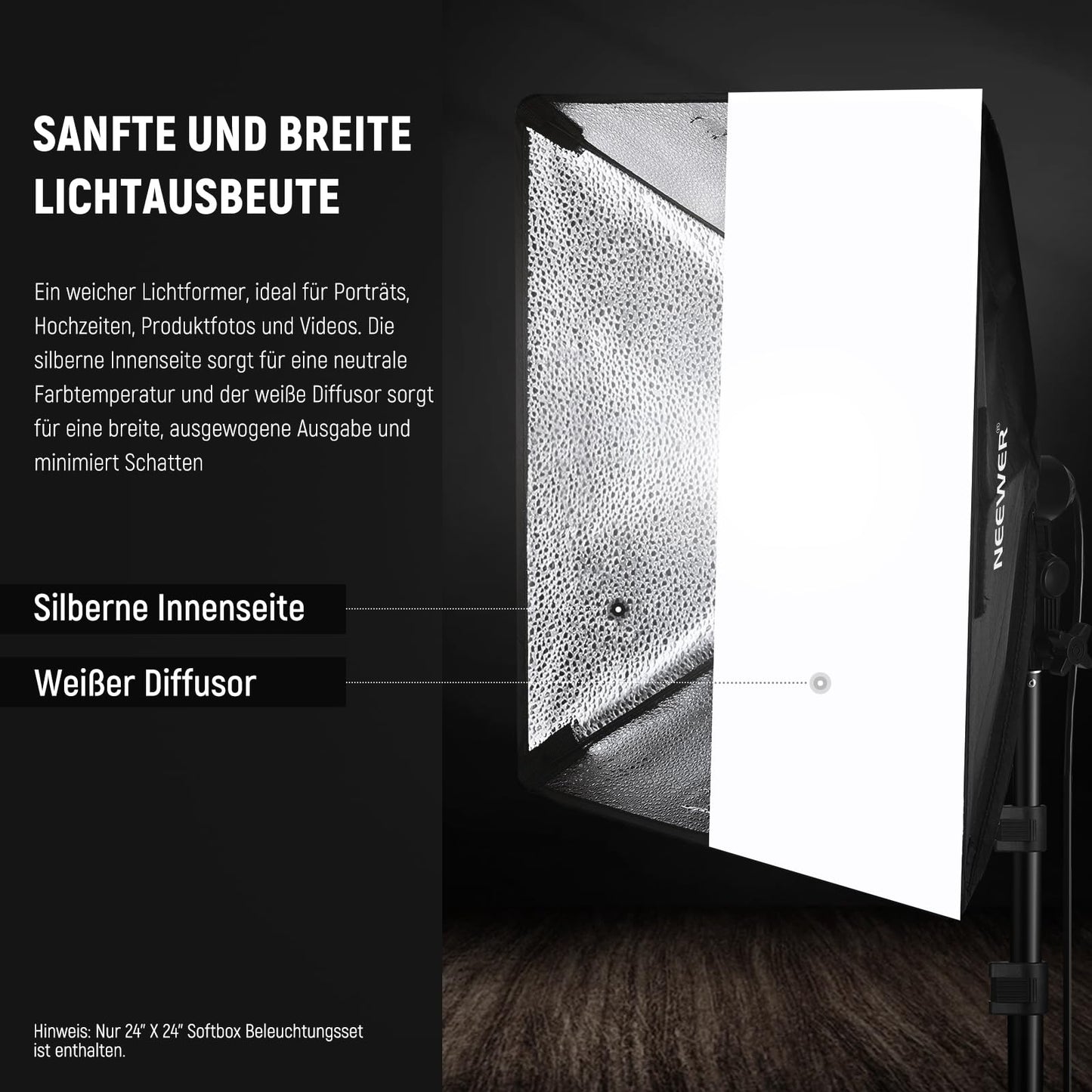 NEEWER 350 W Equivalent Softbox Lighting Set, 5700 K LED Light Bulb, 24 x 24 Inch Photo Studio Soft Box with E27 Socket, Photography Continuous Lighting Set, Photo Studio Equipment, NK300 - 10103989