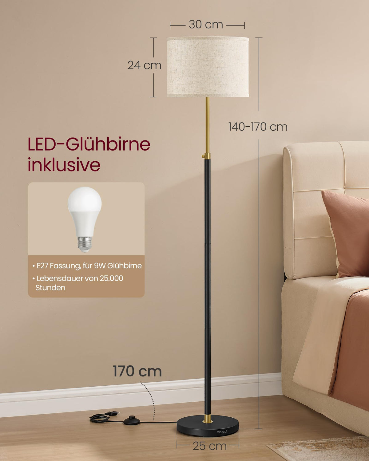 VASAGLE Floor Lamp Living Room, 140.5-171 cm height-adjustable Reading Lamp - LFL002B02