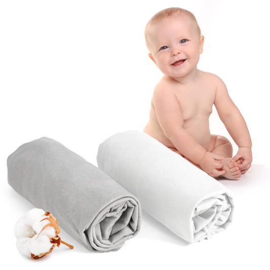 Dreamzie - Fitted sheets 60 x 120 cm pack of 2 cotton jersey white and gray - elastic - with all-round elastic - Oeko-Tex certified - DHC_2x60x120_WhGr_2